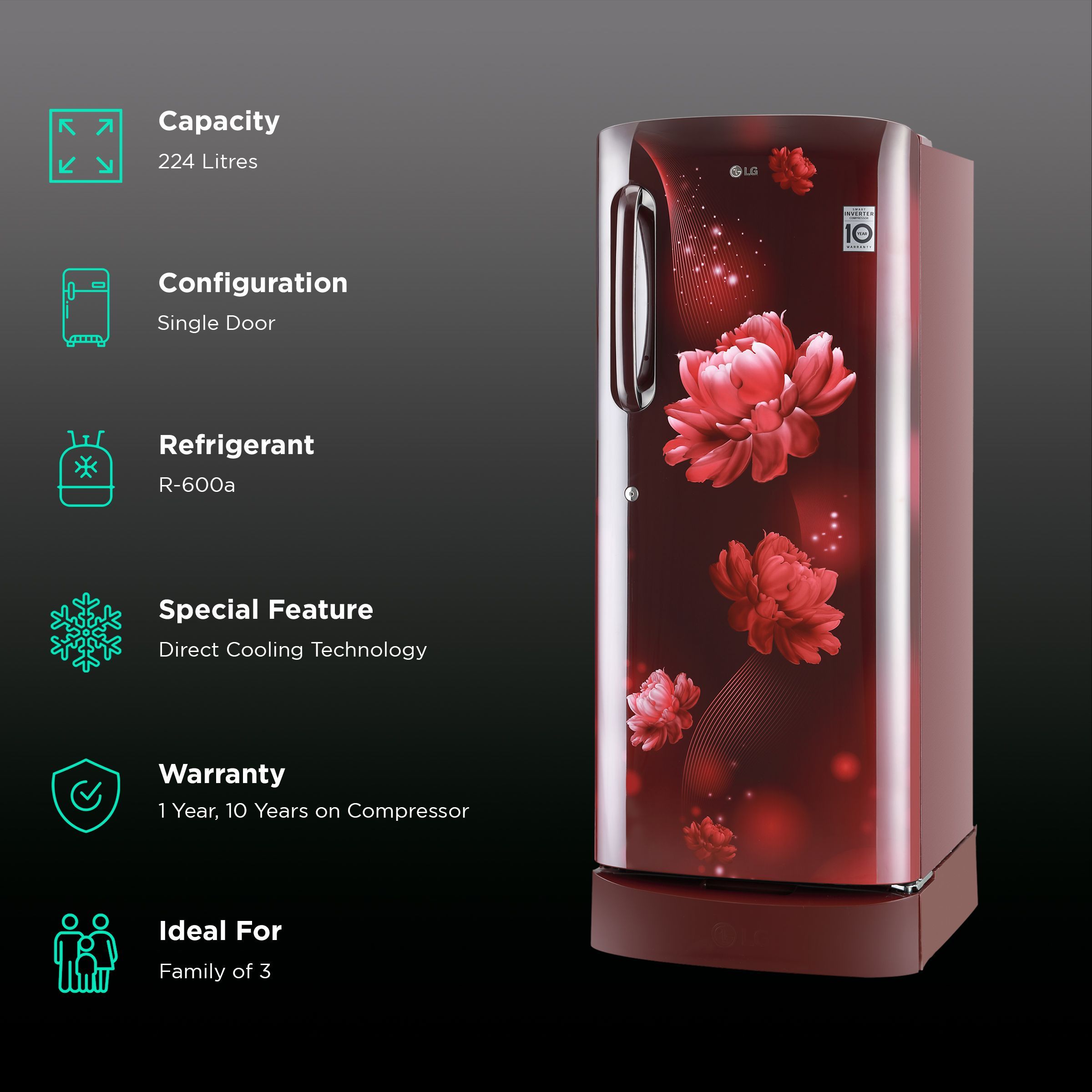 LG 224 Litres 5 Star Direct Cool Single Door Refrigerator with Smart Inverter Compressor (GL-D241ASCU.DSCZEB, Scarlet Charm) LG 224 Litres 5 Star Direct Cool Single Door Refrigerator with Smart Inverter Compressor (GL-D241ASCU.DSCZEB, Scarlet Charm)_2