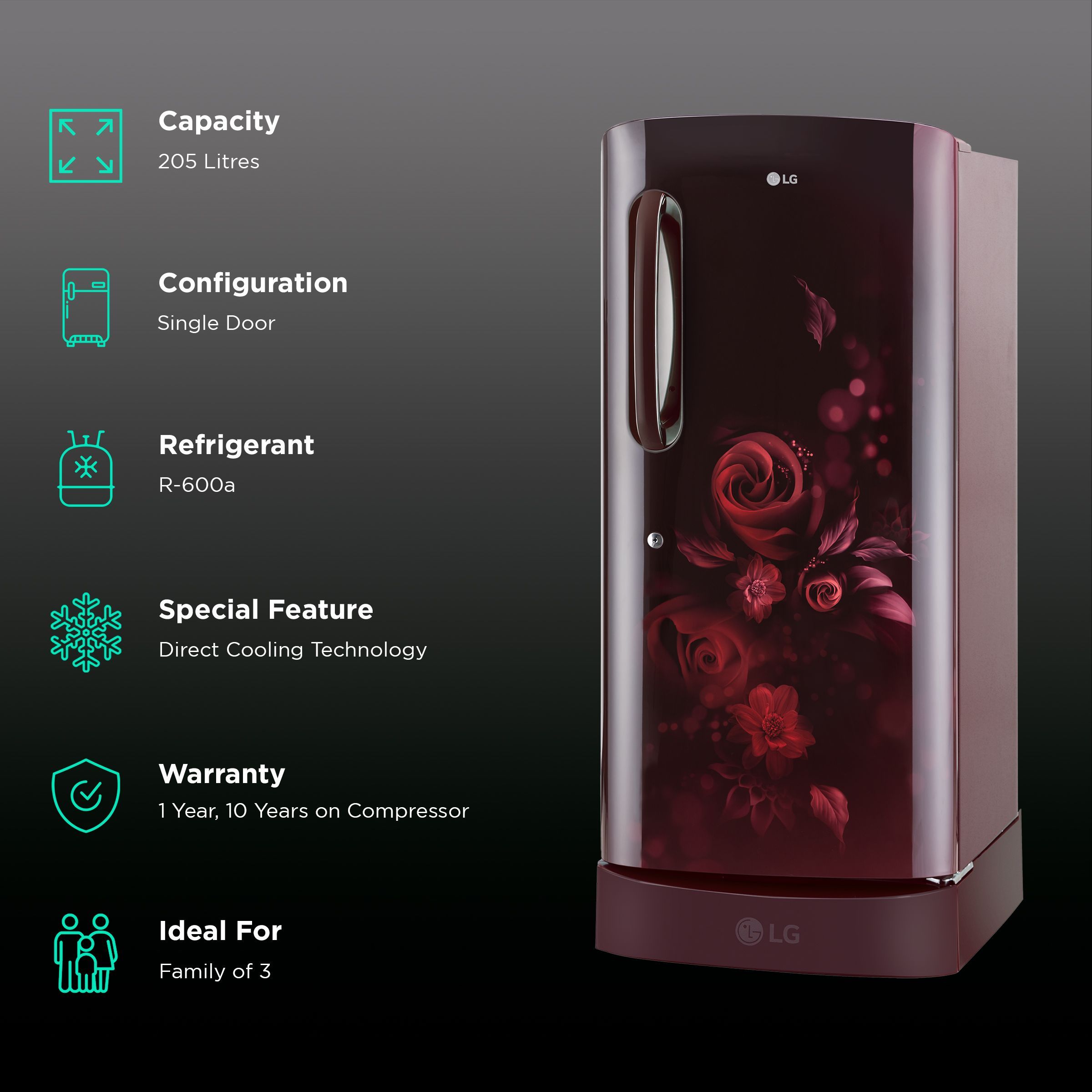 LG 205 Litres 5 Star Direct Cool Single Door Refrigerator with Smart Inverter Compressor (GL-D221ASEU.DSEZEB, Scarlet Euphoria) LG 205 Litres 5 Star Direct Cool Single Door Refrigerator with Smart Inverter Compressor (GL-D221ASEU.DSEZEB, Scarlet Euphoria)_2
