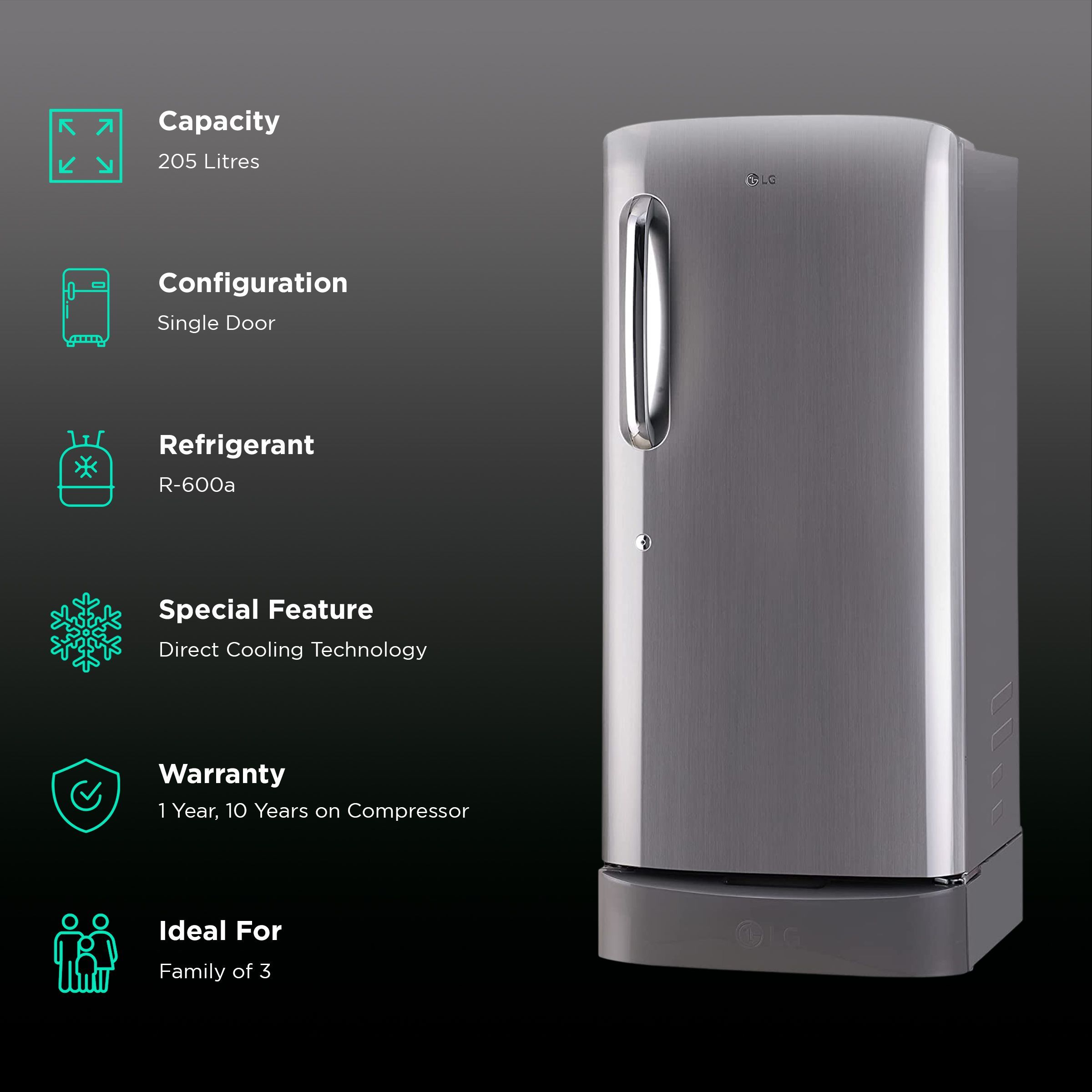 LG 205 Litres 4 Star Direct Cool Single Door Refrigerator with Base stand and Drawer (GL-D221APZY.DPZZEBN, Shiny Steel)_2