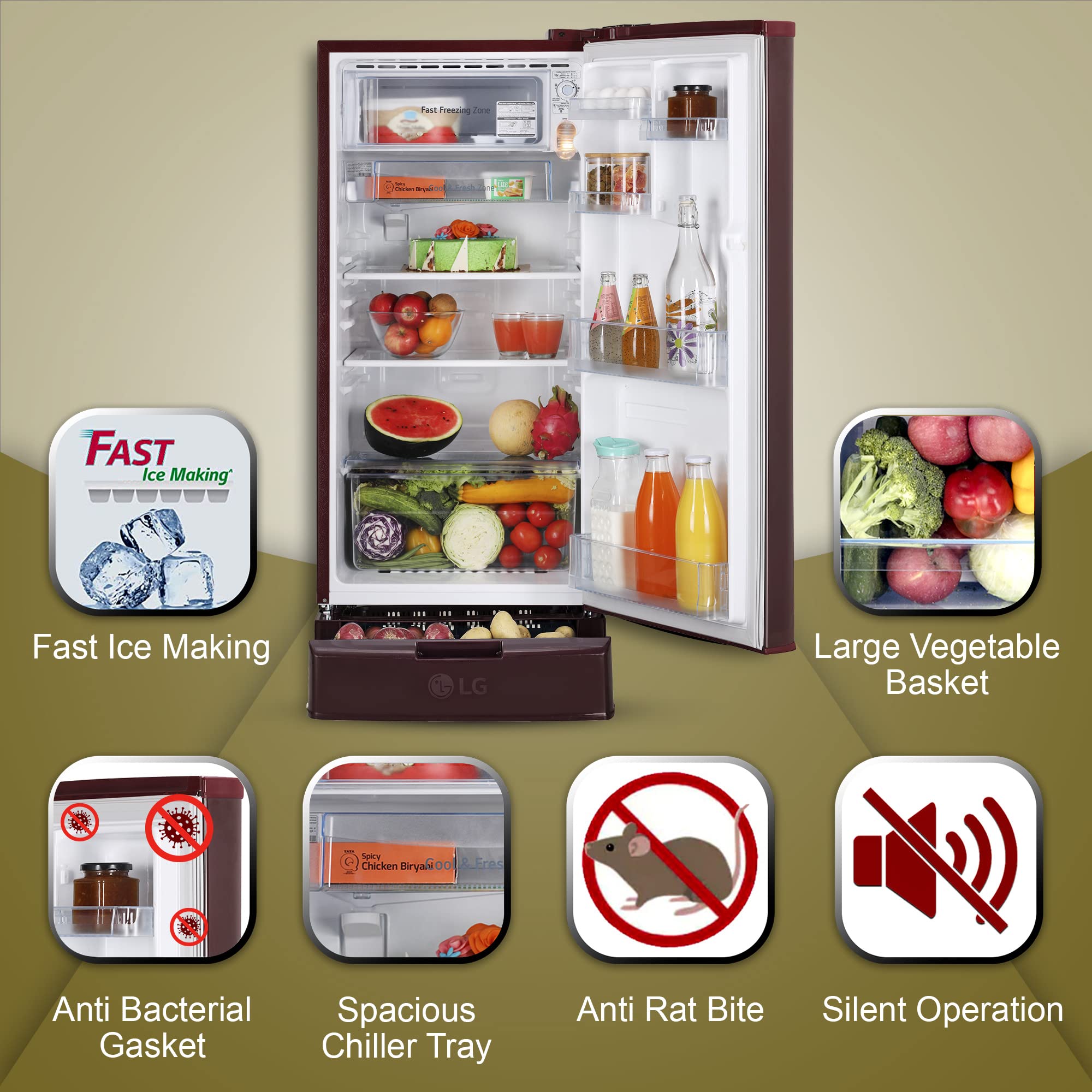 LG 185 Litres 4 Star Direct Cool Single Door Refrigerator with Base stand and Drawer (GL-D199OSEY.DSEZPST, Scarlet Euphoria)_14