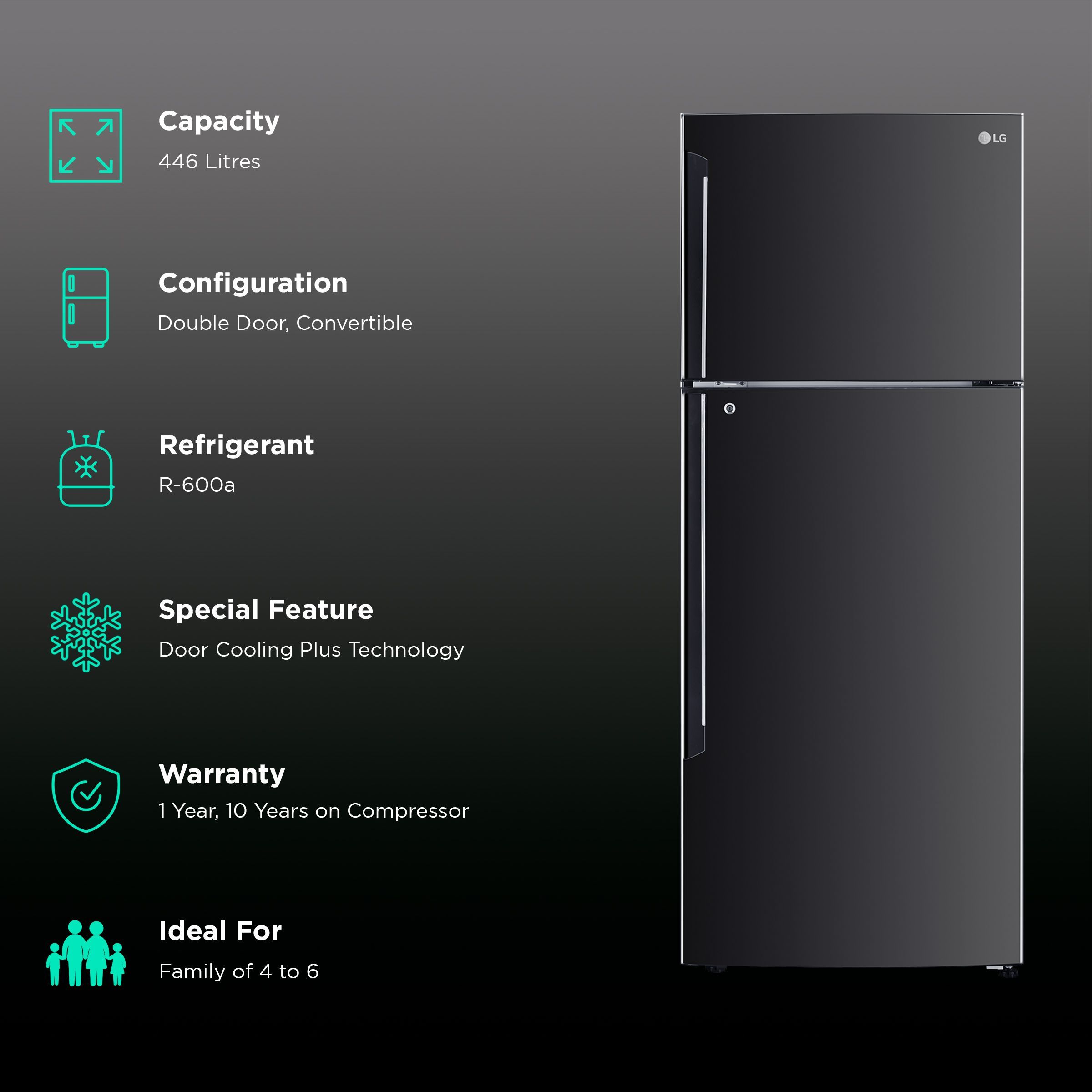LG 446 Litres 1 Star Frost Free Double Door Convertible Refrigerator with Smart Diagnosis (GL-T502AESR.DESZEB, Ebony Sheen) LG 446 Litres 1 Star Frost Free Double Door Convertible Refrigerator with Smart Diagnosis (GL-T502AESR.DESZEB, Ebony Sheen)_2