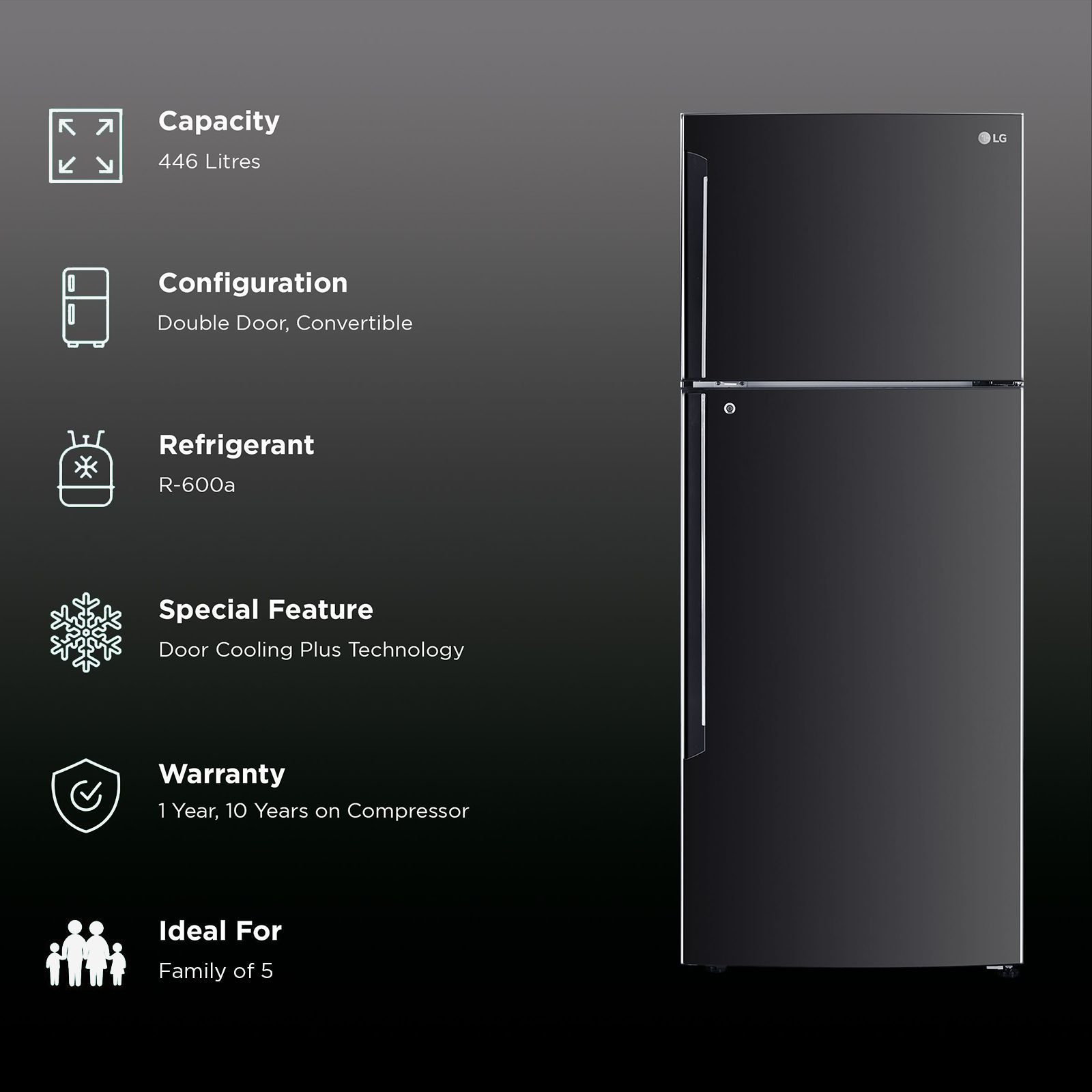 LG 446 Litres 1 Star Frost Free Double Door Convertible Refrigerator with Smart Diagnosis (GL-T502AESR.DESZEB, Ebony Sheen) LG 446 Litres 1 Star Frost Free Double Door Convertible Refrigerator with Smart Diagnosis (GL-T502AESR.DESZEB, Ebony Sheen)_2