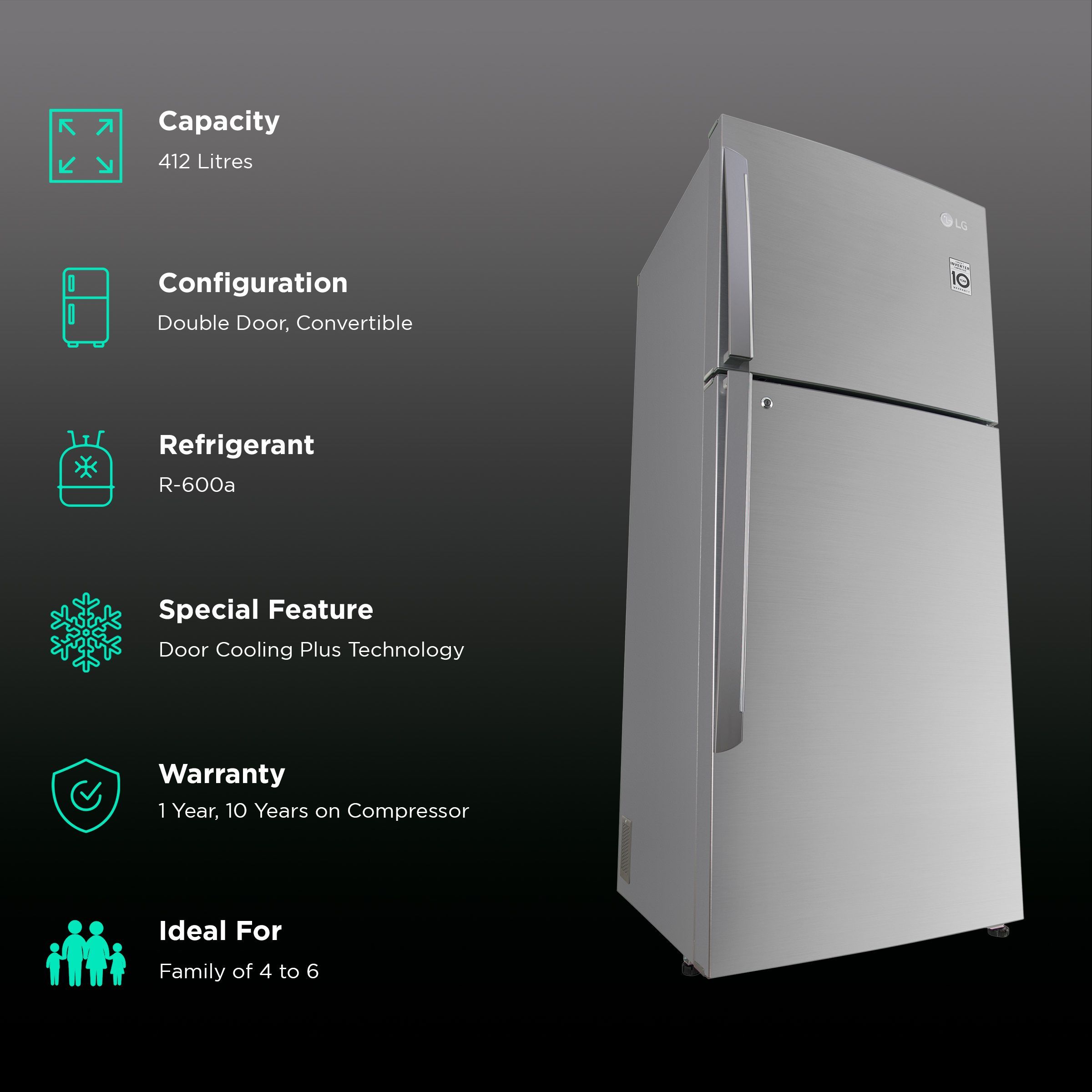 LG 412 Litres 1 Star Frost Free Double Door Convertible Refrigerator with Smart Inverter Compressor (GL-T432APZR.DPZZEB, Shiny Steel)_2