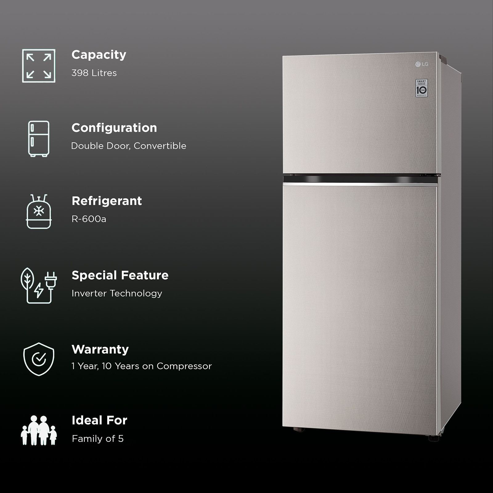LG 398 Litres 2 Star Frost Free Double Door Convertible Refrigerator with Smart Diagnosis (GL-S422SUSY.EUSZEB, Urban Steel)_2