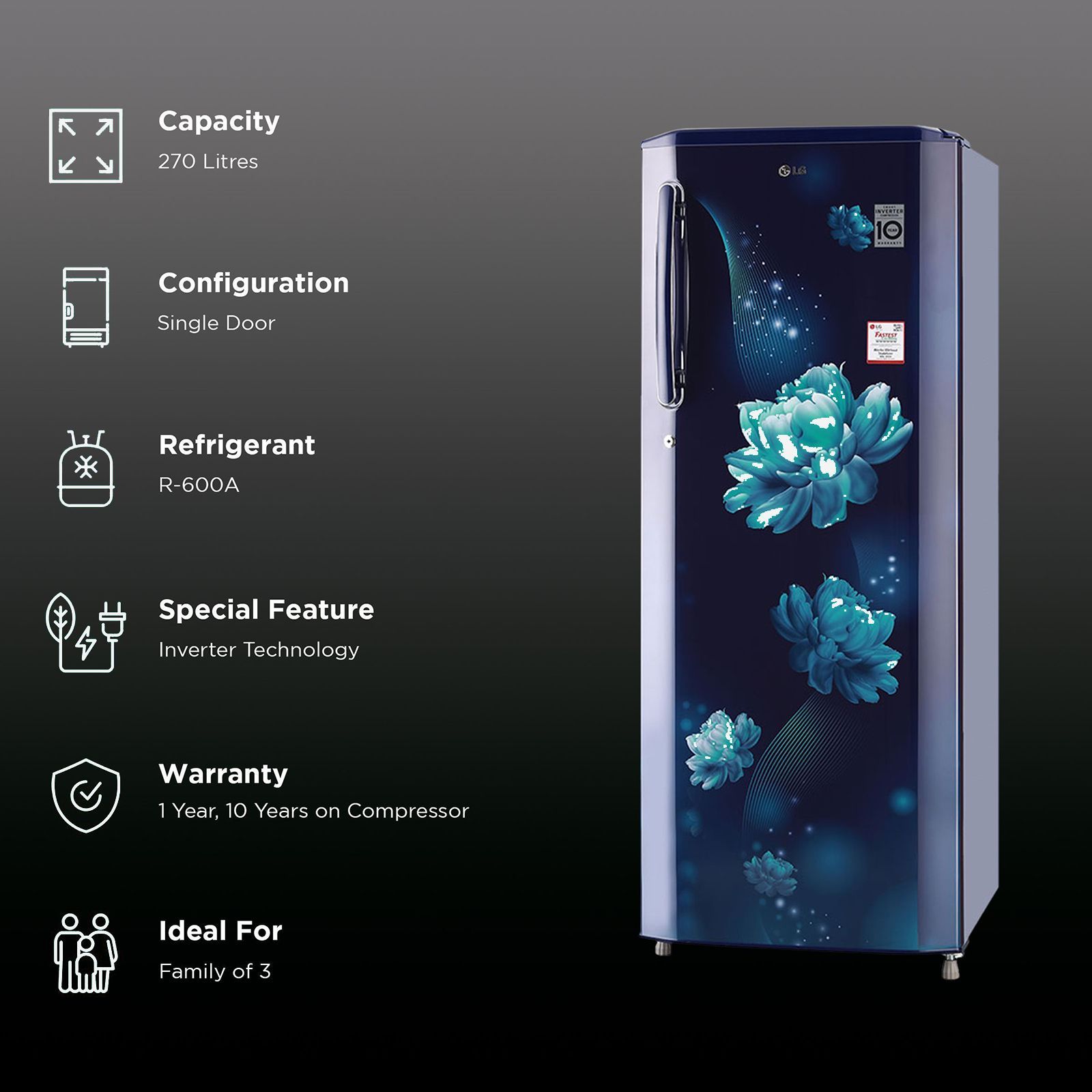 LG 261 Litres 3 Star Direct Cool Single Door Refrigerator with Stabilizer Free Operation (GL-B281BBCX.DBCZEB, Blue Charm)_2