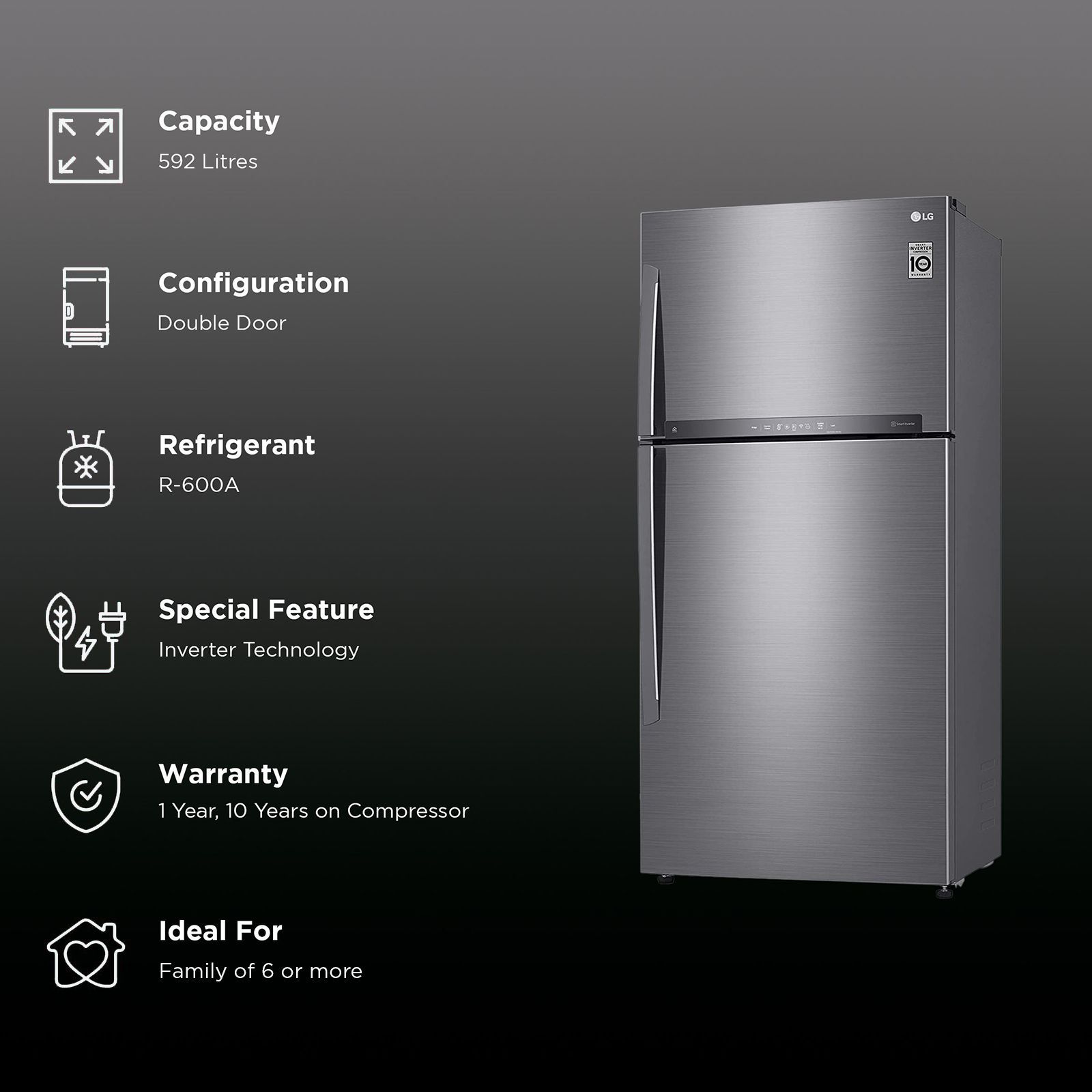 LG 592 Litres 1 Star Frost Free Double Door Refrigerator with Smart Inverter Compressor (GR-H812HLHM, Platinum Silver) LG 592 Litres 1 Star Frost Free Double Door Refrigerator with Smart Inverter Compressor (GR-H812HLHM, Platinum Silver)_2