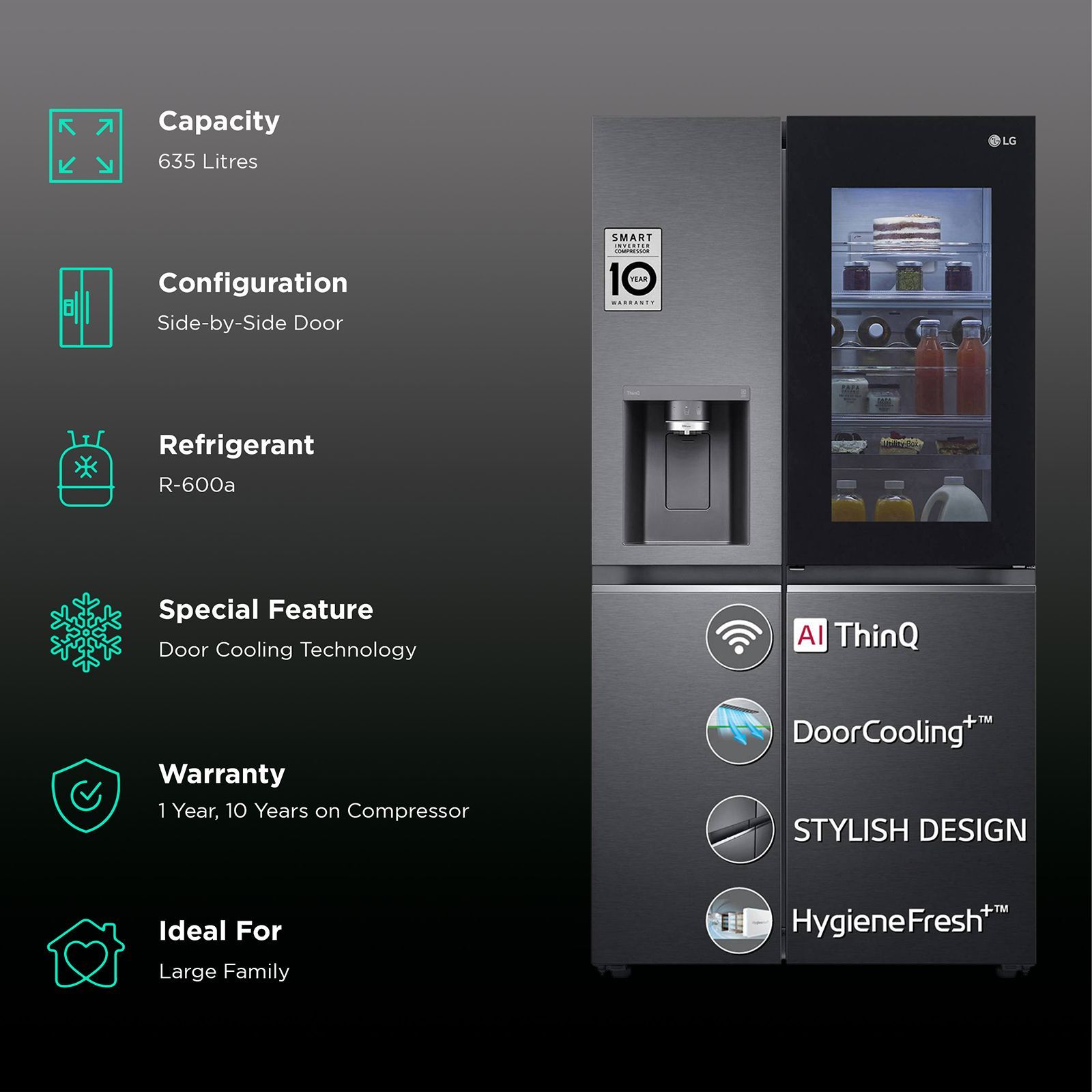 LG 635 Litres 3 Star Frost Free Side by Side Refrigerator with Smart Diagnosis (GL-X257AMCX, Matt Black)_2