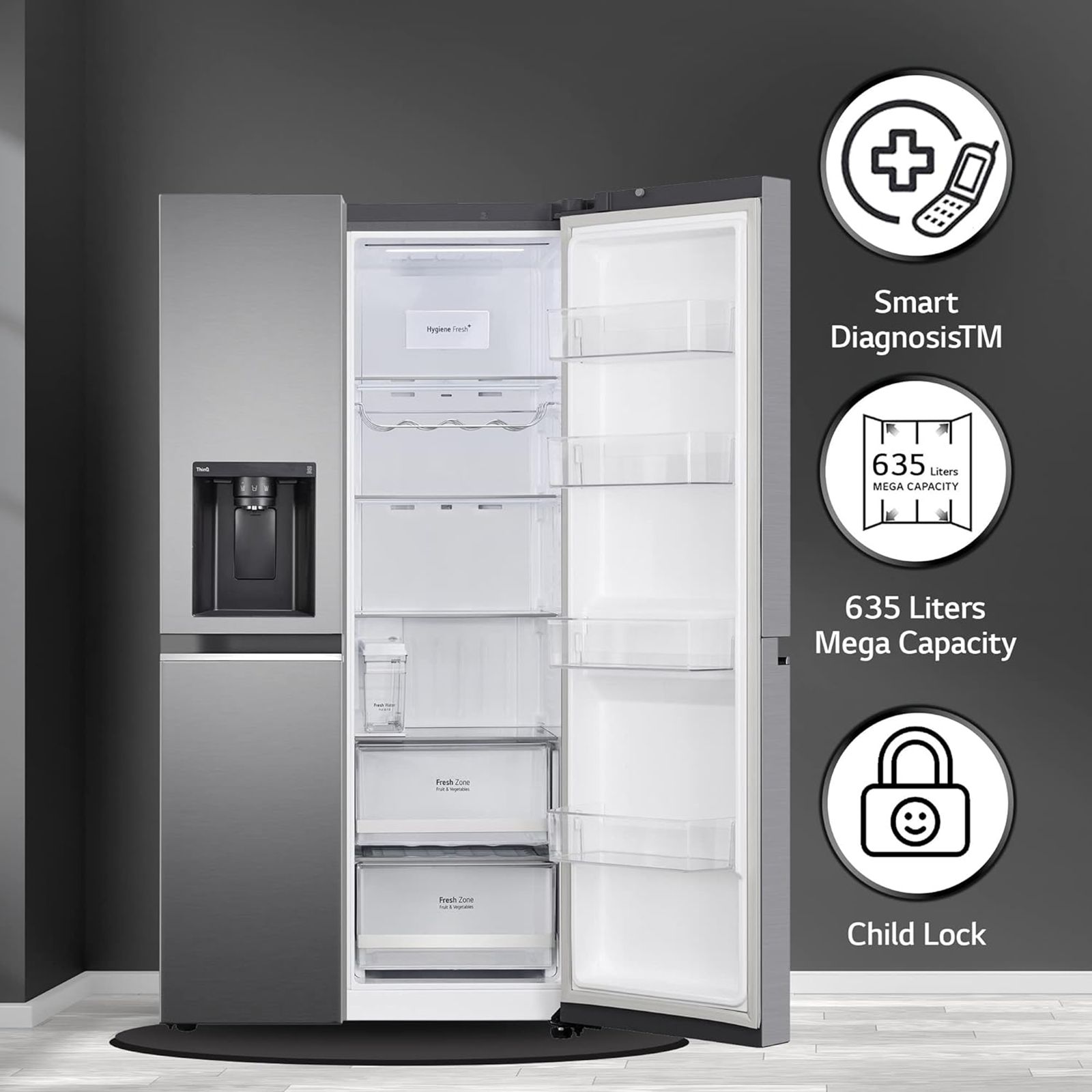 LG 635 Litres Side by Side Refrigerator with Smart Diagnosis (GL-L257CPZX, Shiny Steel)_12