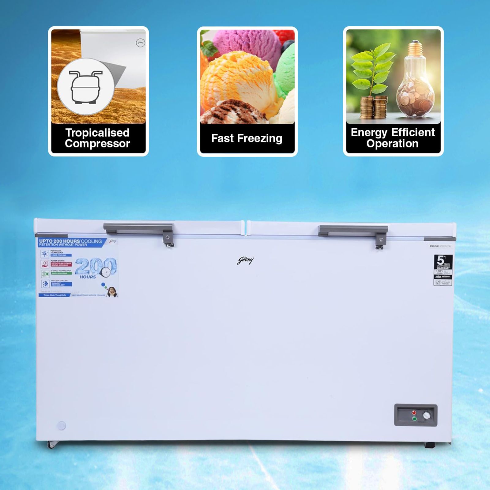 Godrej Edge Penta 500 Litres 5 Star Double Door Deep Freezer (PentaCool Technology, DH EPenta 525E 2HCN RW, Royal White)_9