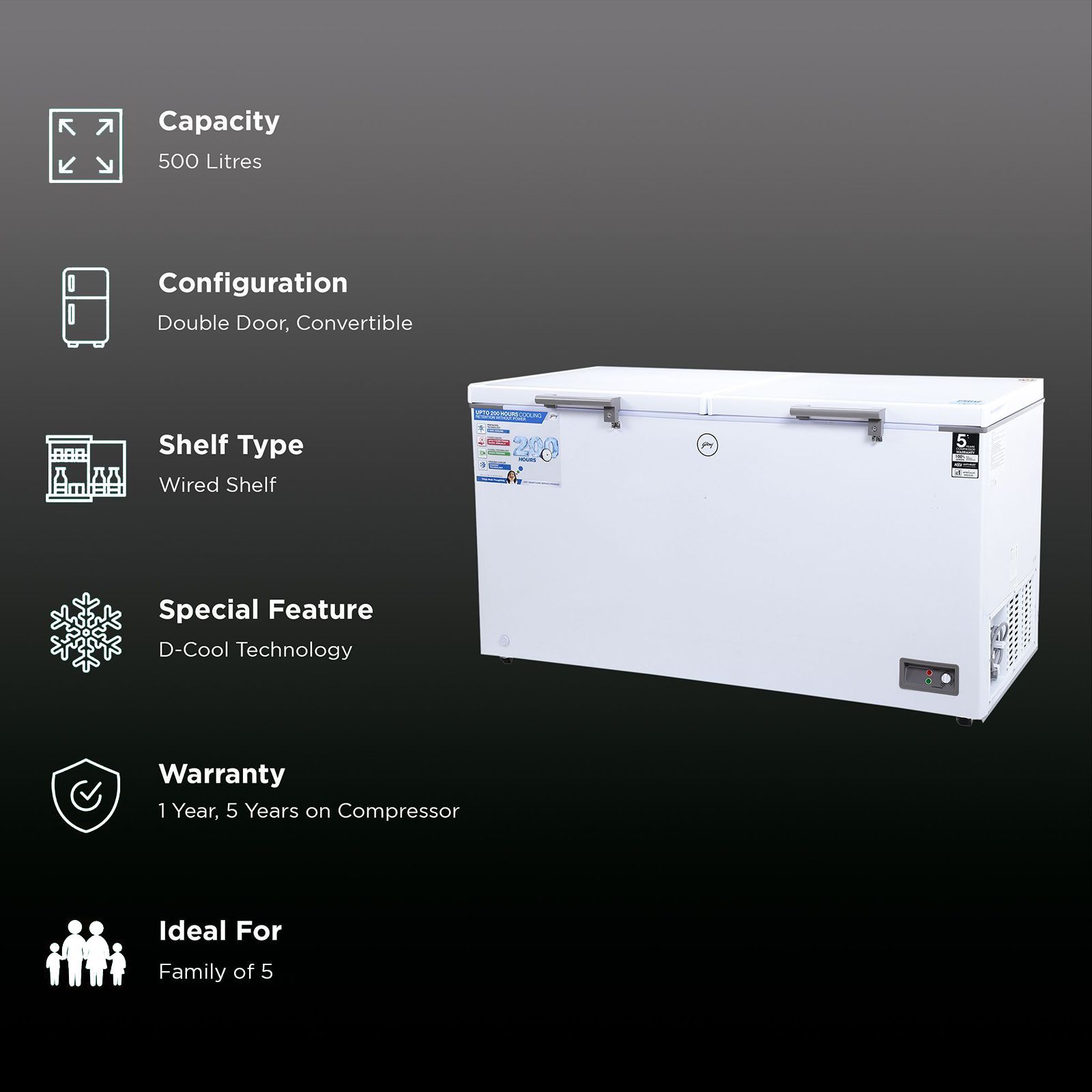 Godrej Edge Penta 500 Litres 5 Star Double Door Deep Freezer (PentaCool Technology, DH EPenta 525E 2HCN RW, Royal White)_2