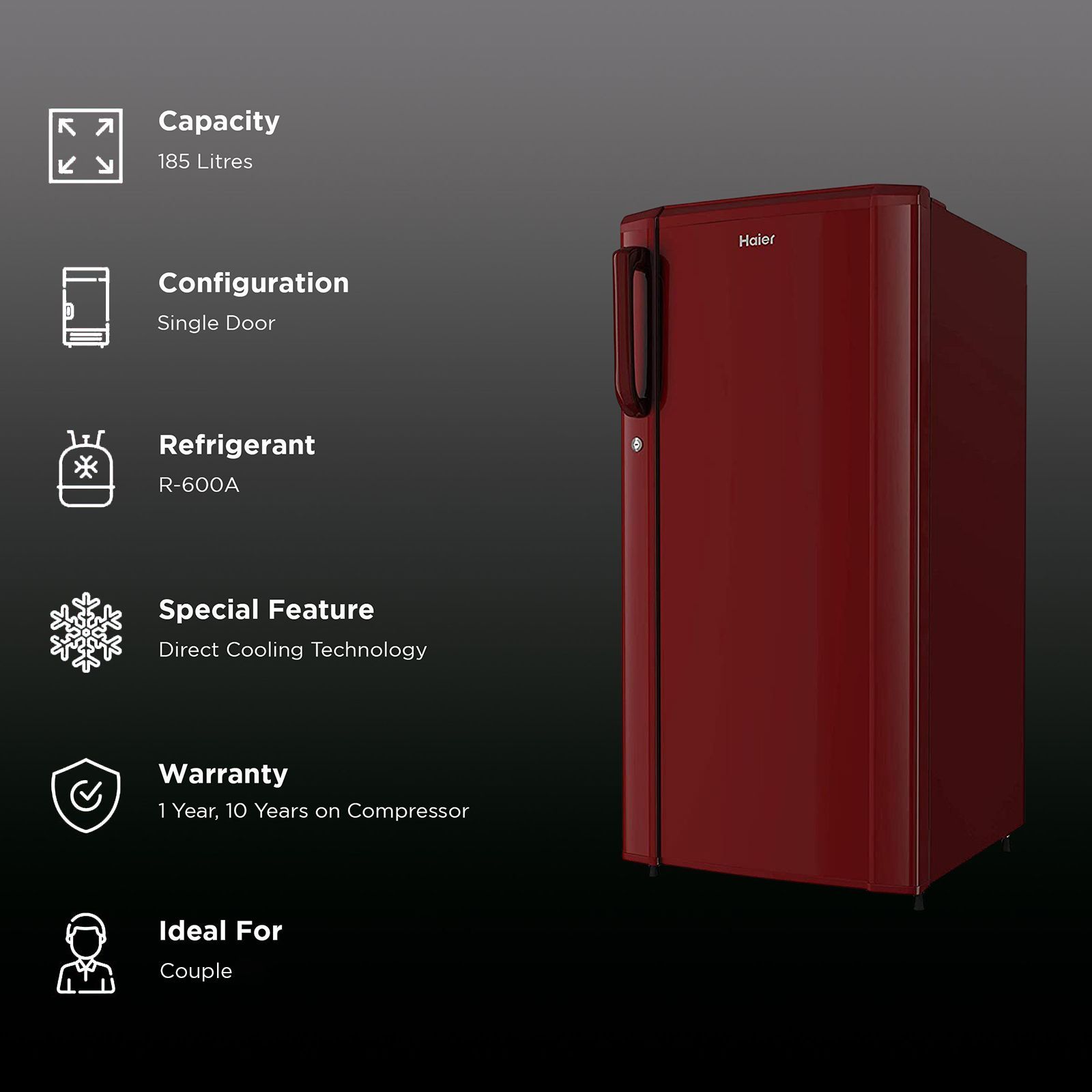 Haier 185 Litres 2 Star Direct Cool Single Door Refrigerator with Antibacterial Gasket (HED-192RS-P, Red Steel)_2