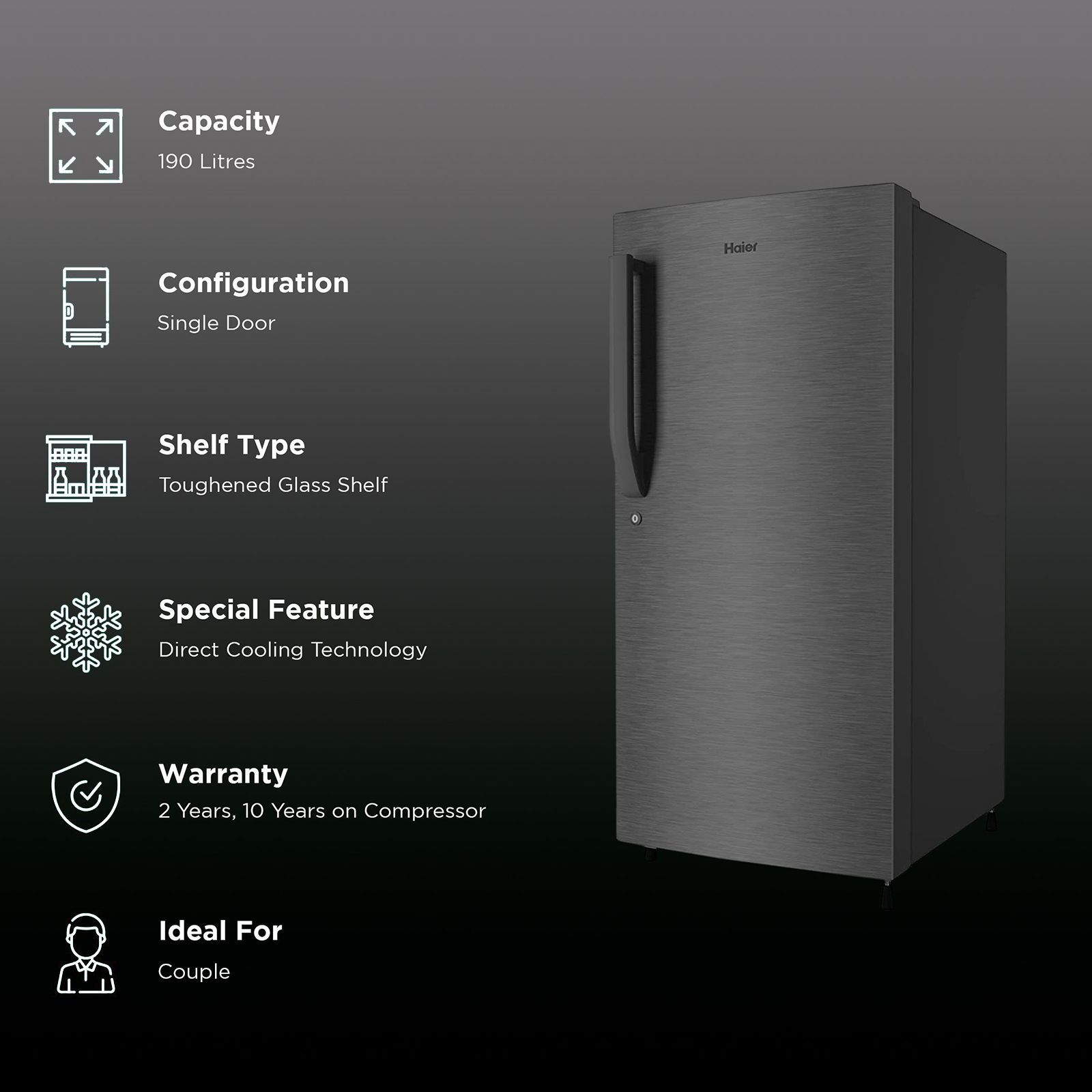 Haier 190 Litres 4 Star Direct Cool Single Door Refrigerator with Antibacterial Gasket (HED-204DS-P, Dazzle Steel) Haier 190 Litres 4 Star Direct Cool Single Door Refrigerator with Antibacterial Gasket (HED-204DS-P, Dazzle Steel)_2