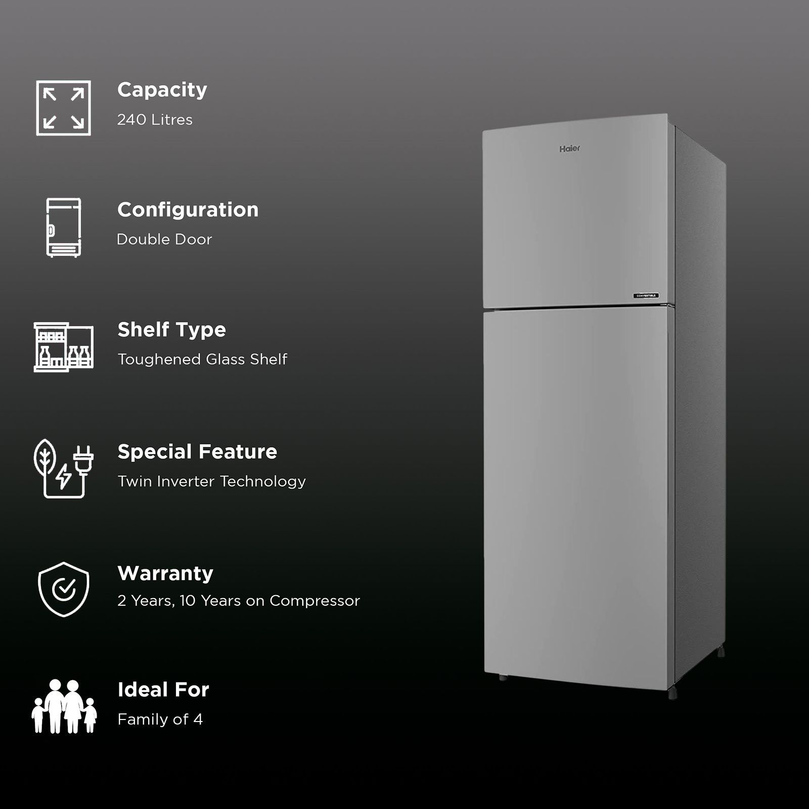 Haier 240 Litres 2 Star Frost Free Double Door Refrigerator with Anti-bacterial Gasket (HEF-252EGS-P, Moon Silver)_2