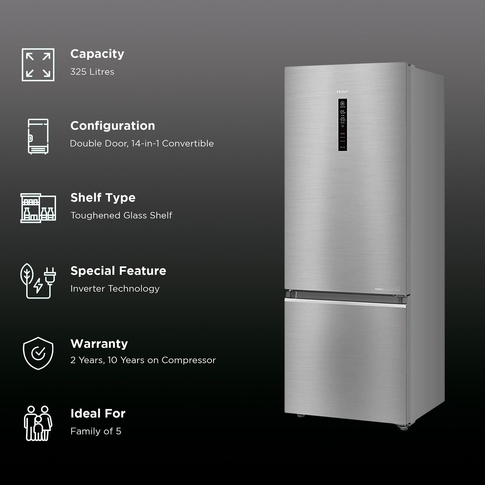 Haier 325 Litres 3 Star Frost Free Double Door Bottom Mount Convertible Refrigerator with Antibacterial Gasket (HEB-333DS-P, Dazzle Steel)_2