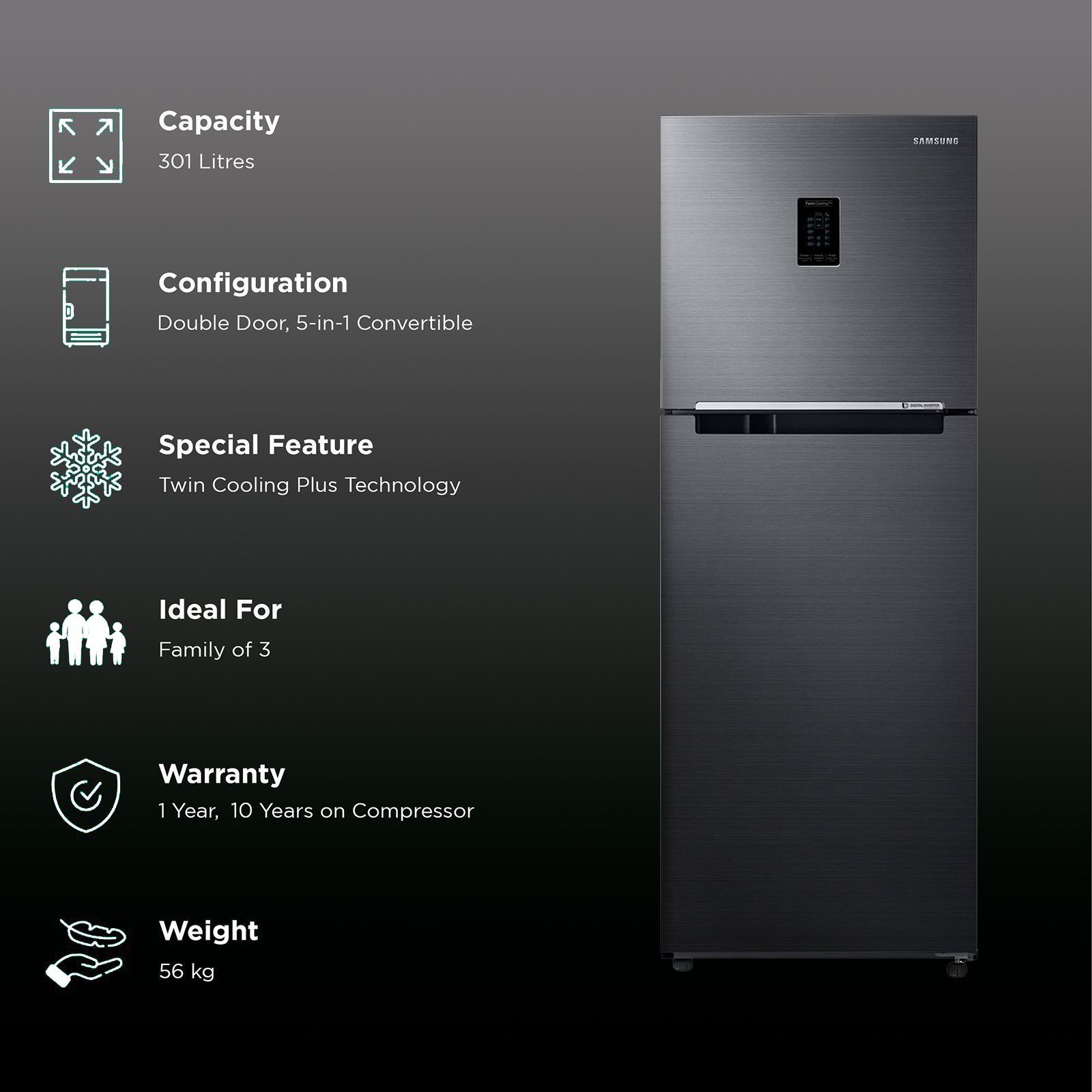 SAMSUNG 301 Litres 2 Star Frost Free Double Door Convertible Refrigerator with Deodorizing Filter (RT34C4522BX/HL, Luxe Black)_2