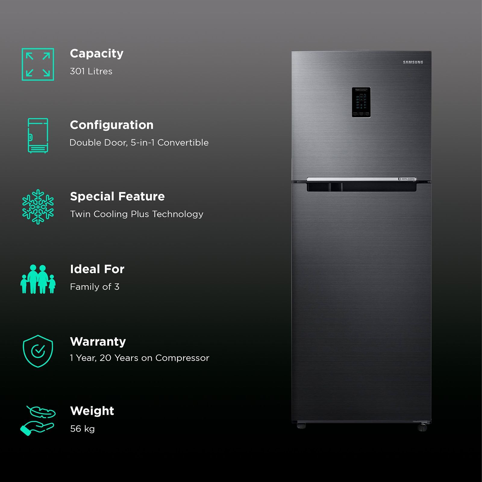 SAMSUNG 301 Litres 2 Star Frost Free Double Door Convertible Refrigerator with Deodorizing Filter (RT34C4522BX/HL, Luxe Black)_2