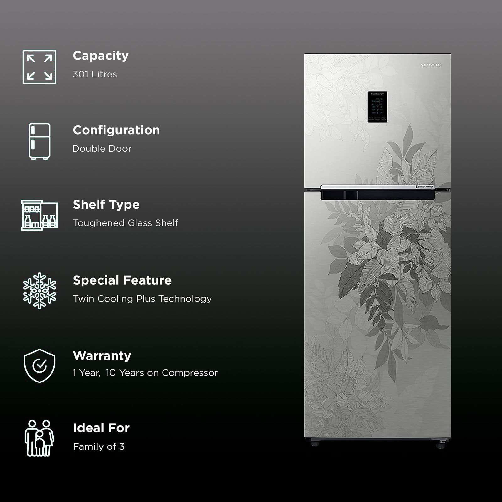 SAMSUNG 301 Litres 2 Star Frost Free Double Door Convertible Refrigerator with Deodorizing Filter (RT34C4522QB/HL, Bouquet Silver) SAMSUNG 301 Litres 2 Star Frost Free Double Door Convertible Refrigerator with Deodorizing Filter (RT34C4522QB/HL, Bouquet Silver)_2