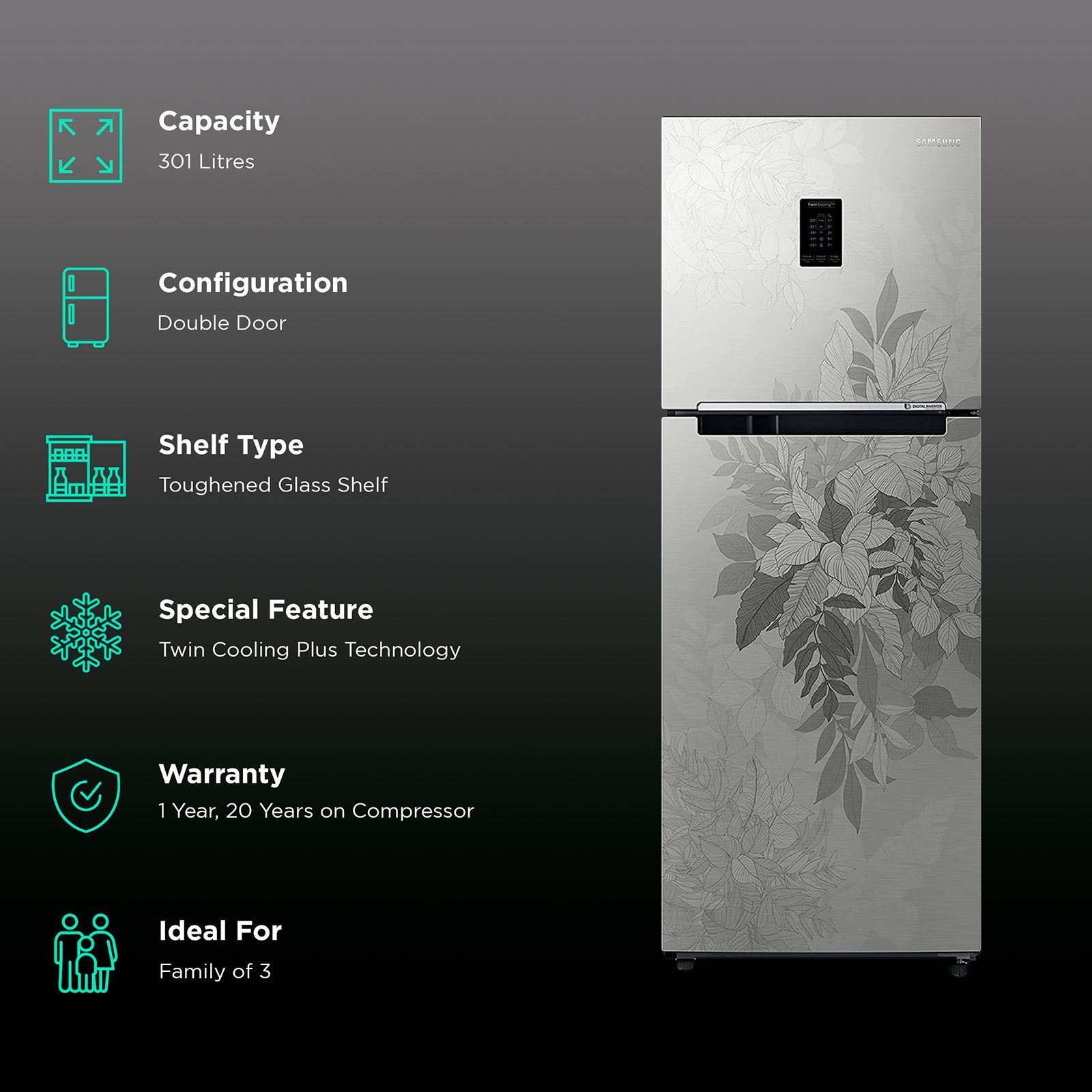 SAMSUNG 301 Litres 2 Star Frost Free Double Door Convertible Refrigerator with Deodorizing Filter (RT34C4522QB/HL, Bouquet Silver)_2