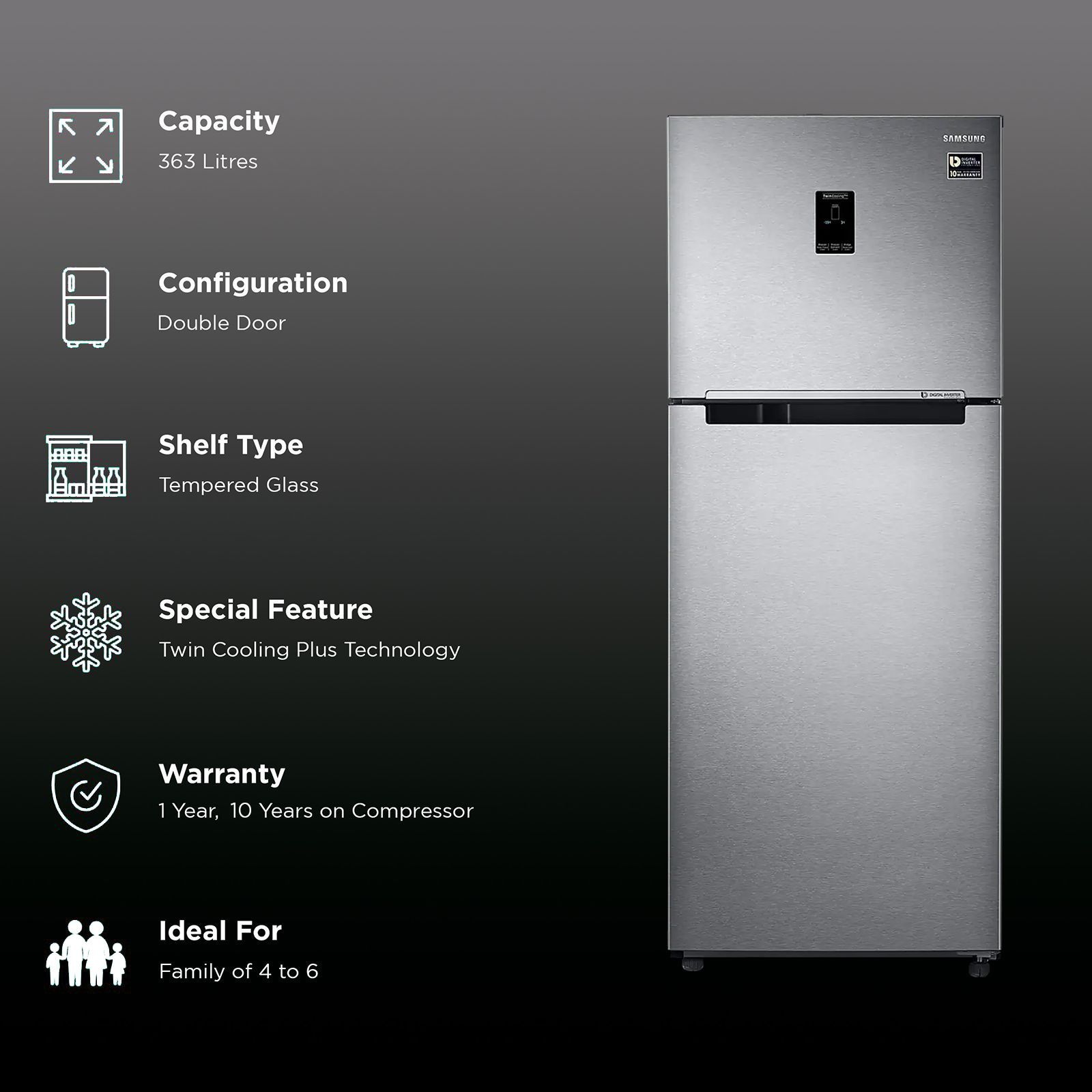 SAMSUNG 363 Litres 2 Star Frost Free Double Door Convertible Refrigerator with Digital Inverter Compressor (RT39C5532SL/HL, Real Stainless)_2