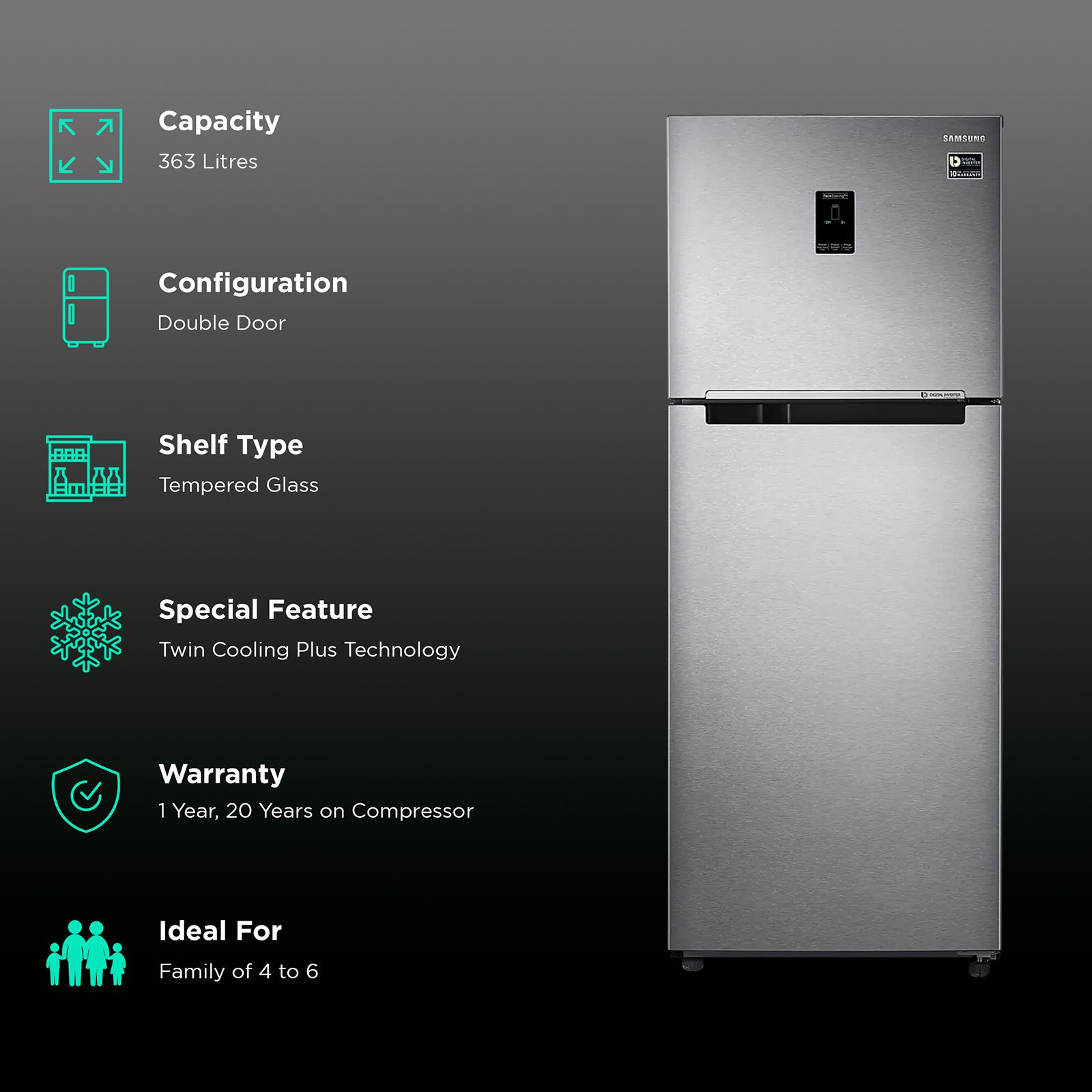 SAMSUNG 363 Litres 2 Star Frost Free Double Door Convertible Refrigerator with Digital Inverter Compressor (RT39C5532SL/HL, Real Stainless)_2