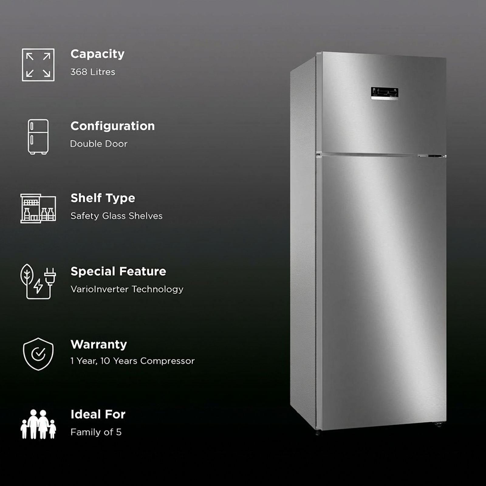 BOSCH Series 4 368 Litres 3 Star Frost Free Double Door Refrigerator (CTC39K03NI, Smoky Steel)_2