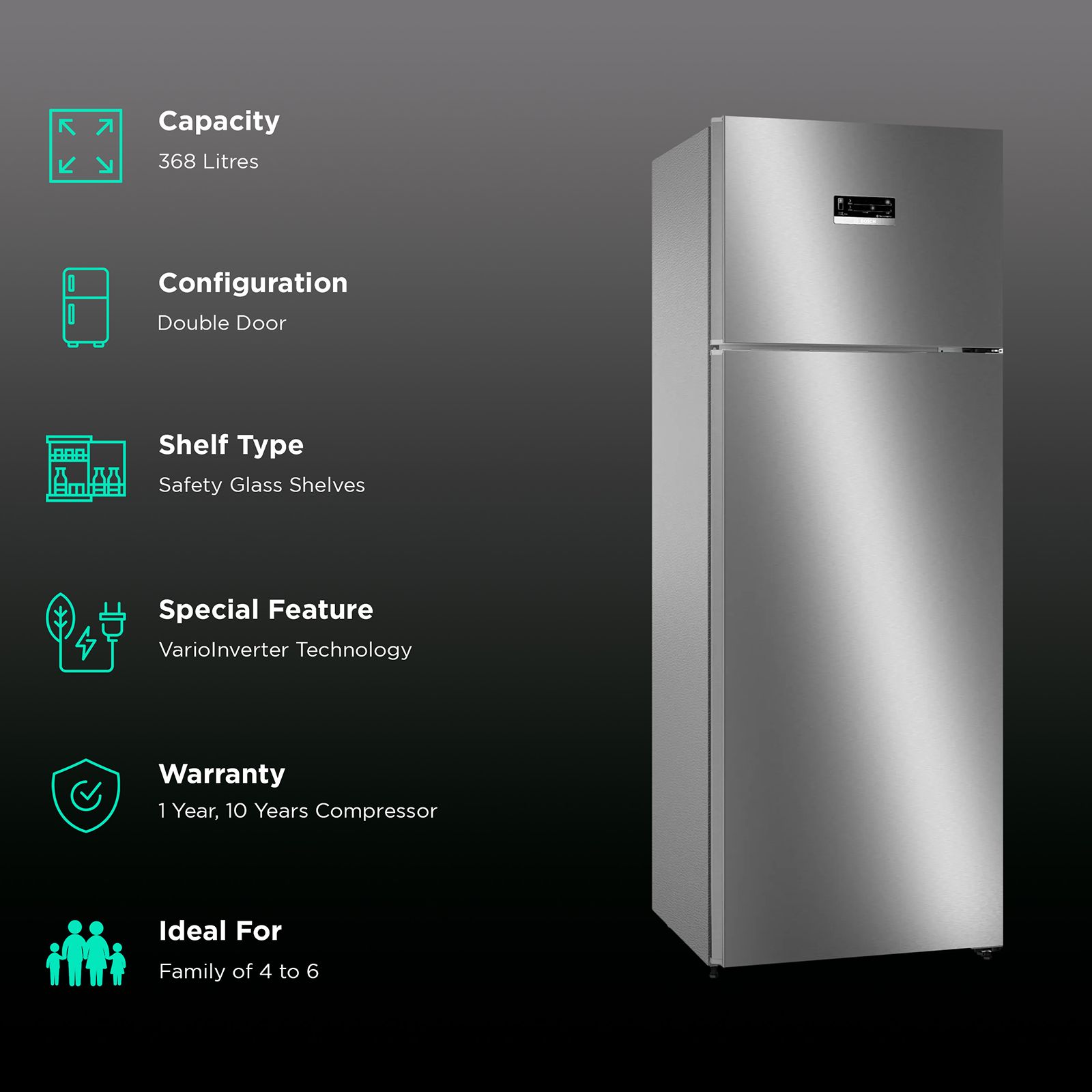 BOSCH Series 4 368 Litres 3 Star Frost Free Double Door Refrigerator (CTC39K03NI, Smoky Steel)_2