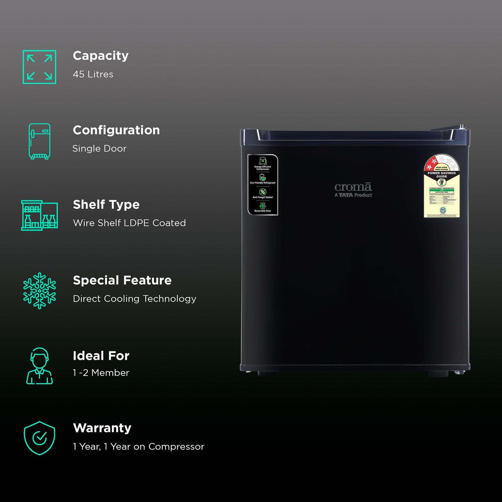 Croma 45 Litres 2 Star Direct Cool Single Door Refrigerator with Reversible Door ( Black) Croma 45 Litres 2 Star Direct Cool Single Door Refrigerator with Reversible Door ( Black)_2