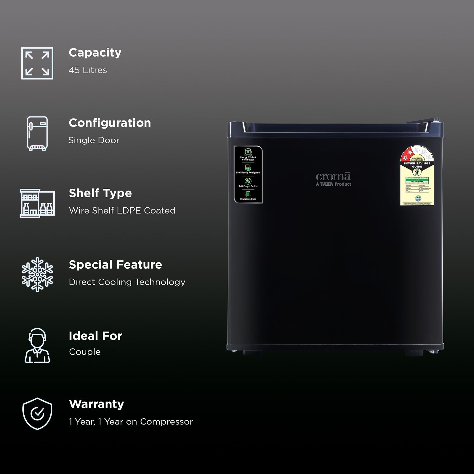Croma 45 Litres 2 Star Direct Cool Single Door Refrigerator with Reversible Door ( Black)_2