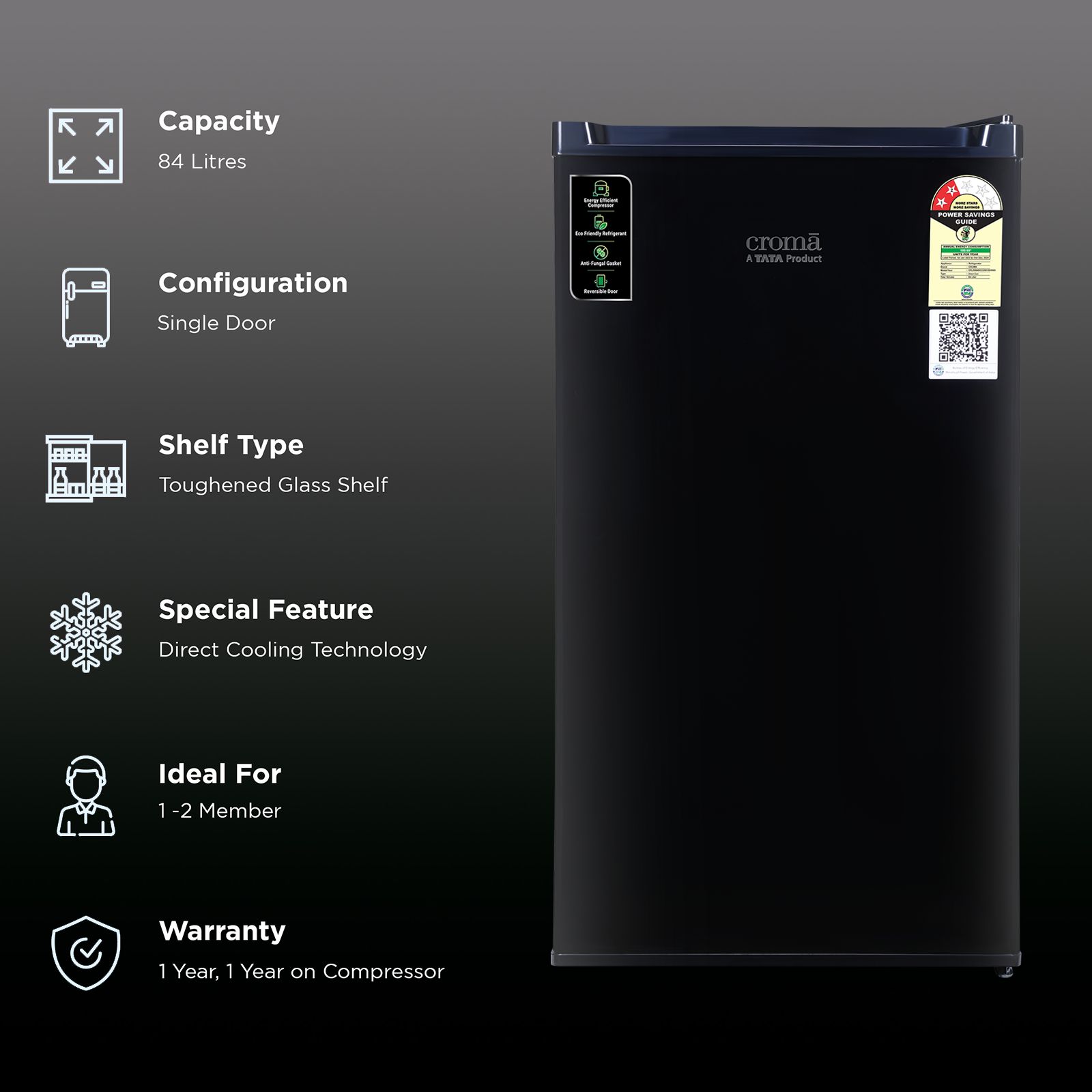 Croma 84 Litres 2 Star Direct Cool Single Door Refrigerator with Reversible Door ( Black)_2