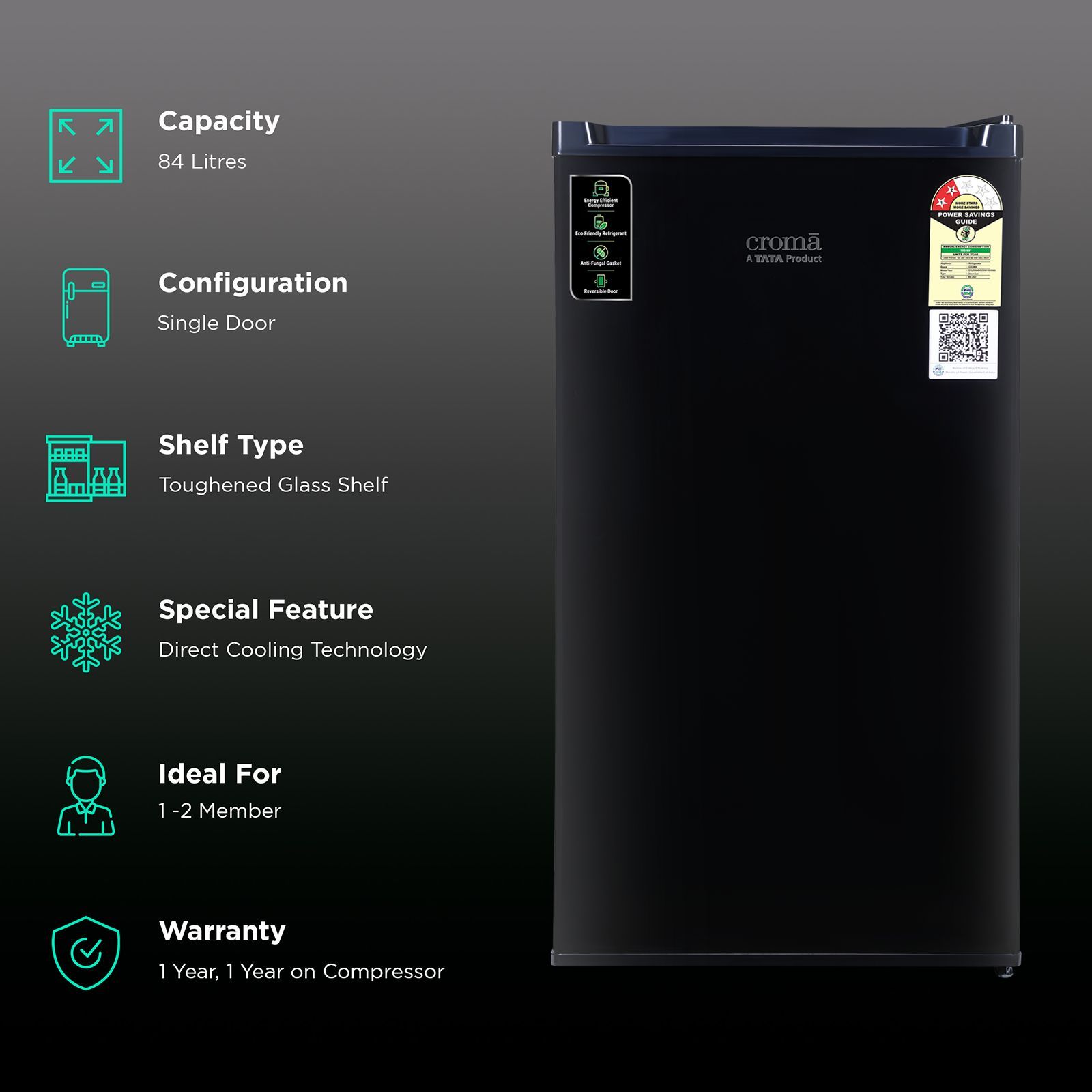 Croma 84 Litres 2 Star Direct Cool Single Door Refrigerator with Reversible Door ( Black)_2