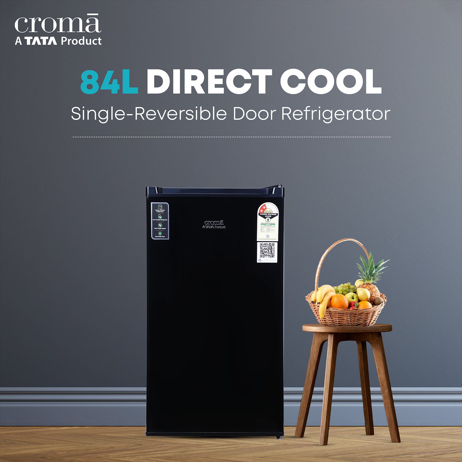 Croma 84 Litres 2 Star Direct Cool Single Door Refrigerator with Reversible Door ( Black)_5