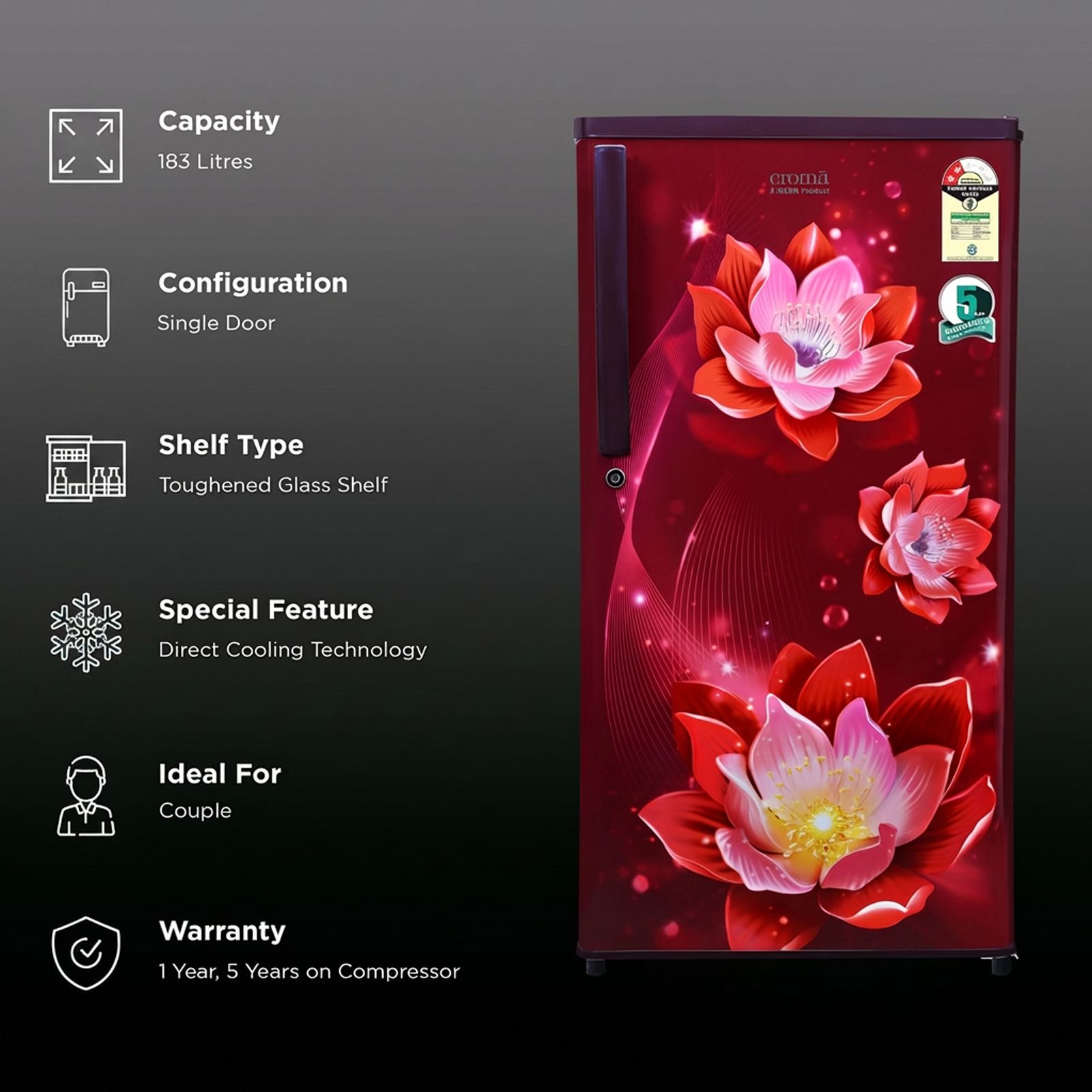 Croma 183 Litres 2 Star Direct Cool Single Door Refrigerator with Anti-Fungal Door Gasket ( Rosalind Wine)_3