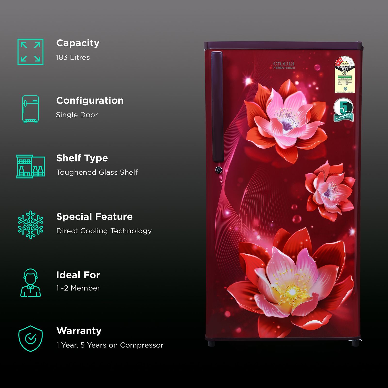 Croma 183 Litres 2 Star Direct Cool Single Door Refrigerator with Anti-Fungal Door Gasket ( Rosalind Wine)_3