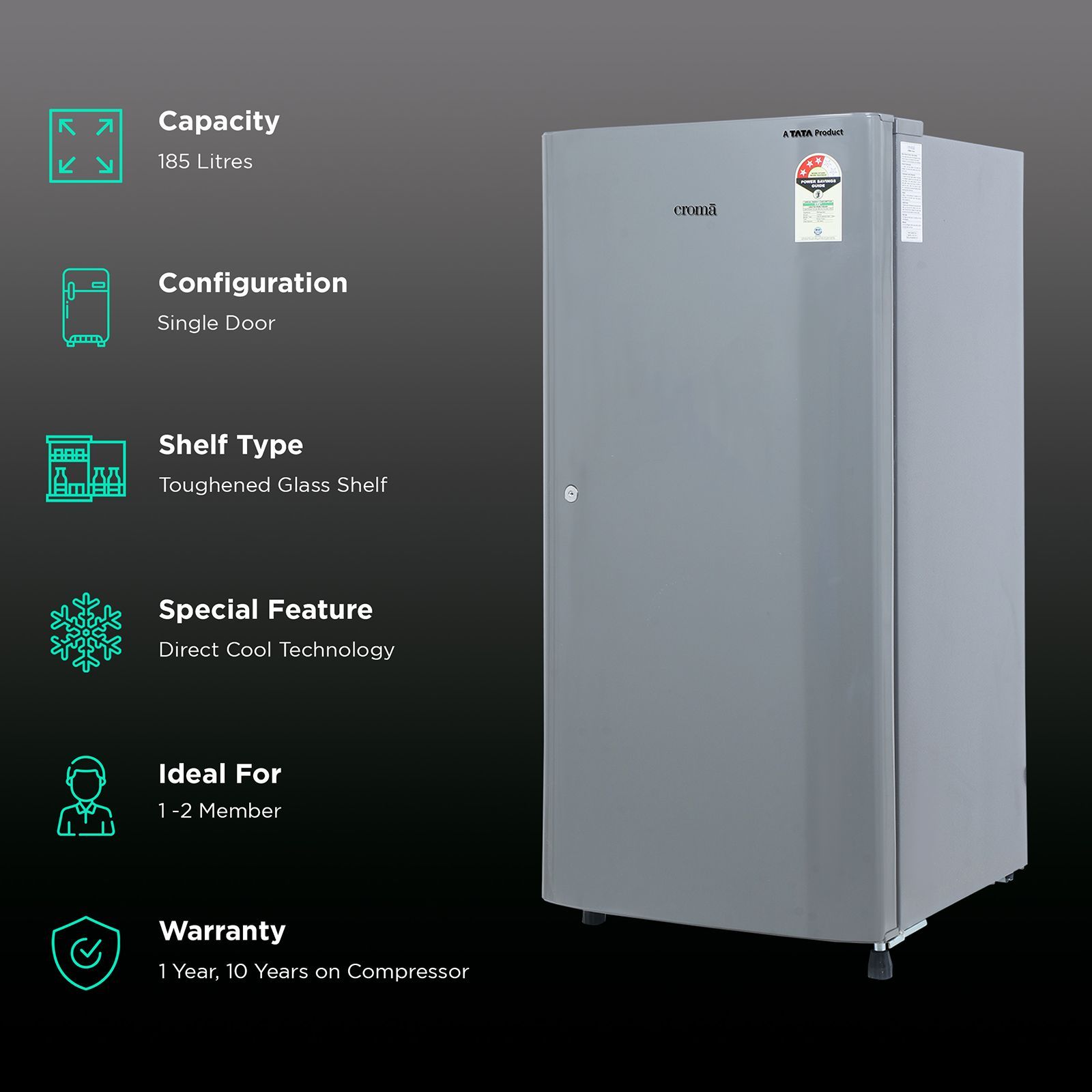 Croma 185 Litres 3 Star Direct Cool Single Door Refrigerator with Inverter Compressor (CRLR185DID276201, Solid Grey)_2
