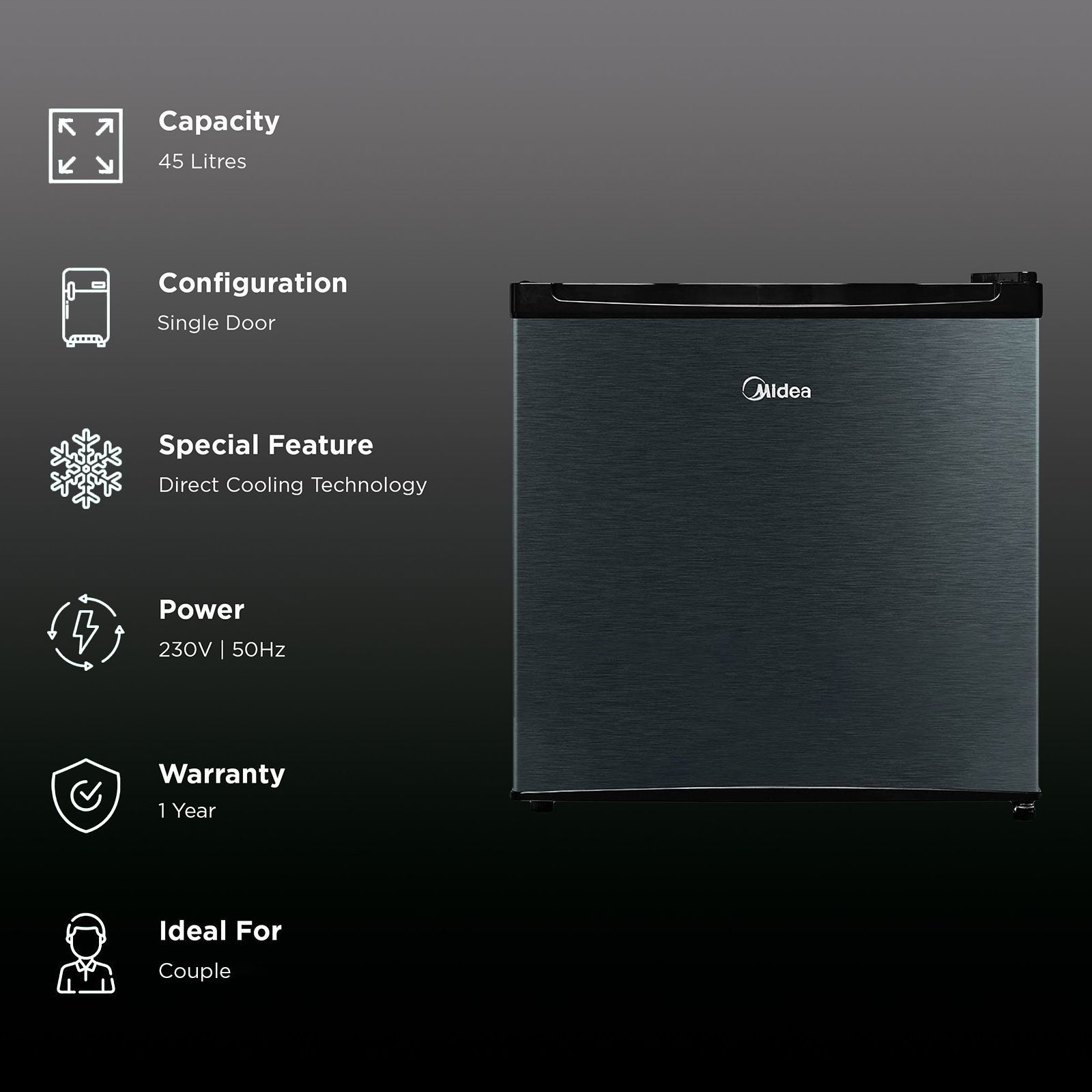 Midea 45 Litres 3 Star Direct Cool Single Door Mini Refrigerator with Reversible Door (MDRD86FGE03, Bright Crystal Gray) Midea 45 Litres 3 Star Direct Cool Single Door Mini Refrigerator with Reversible Door (MDRD86FGE03, Bright Crystal Gray)_2
