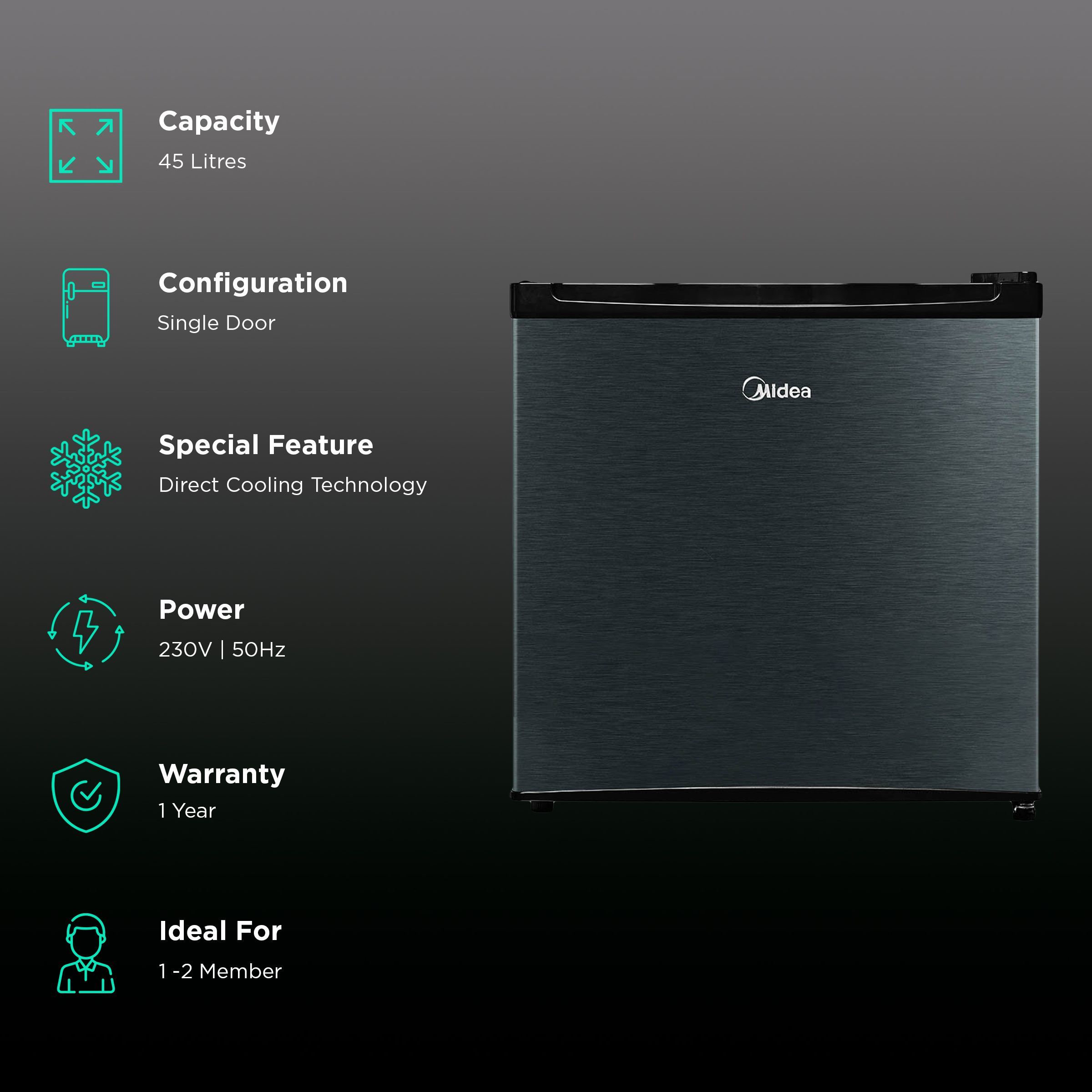 Midea 45 Litres 3 Star Direct Cool Single Door Mini Refrigerator with Reversible Door (MDRD86FGE03, Bright Crystal Gray)_2