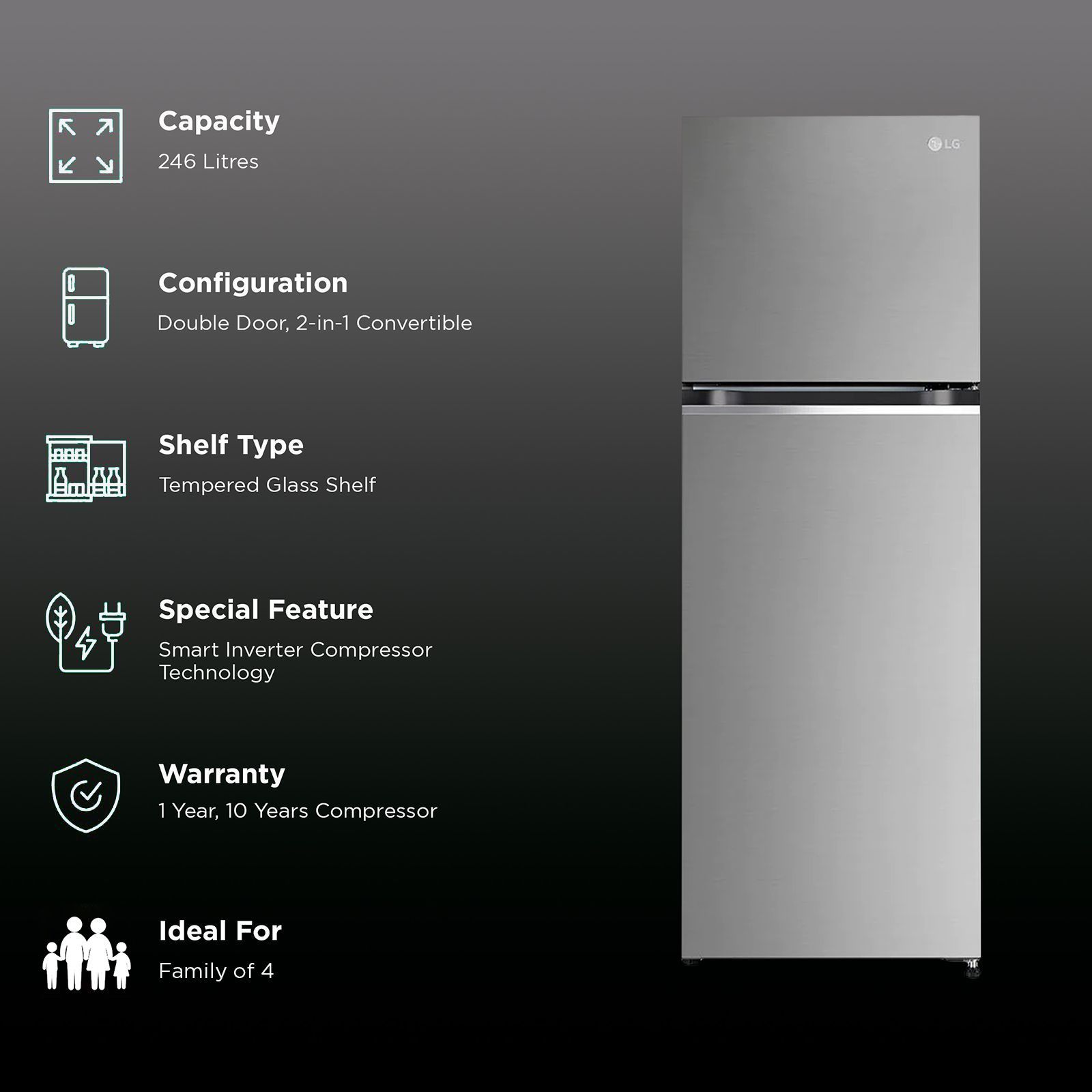 LG 246 Litres 3 Star Frost Free Double Door Convertible Refrigerator with Smart Diagnosis (GL-S262SPZX.DPZZEB, Shiny Steel)_2