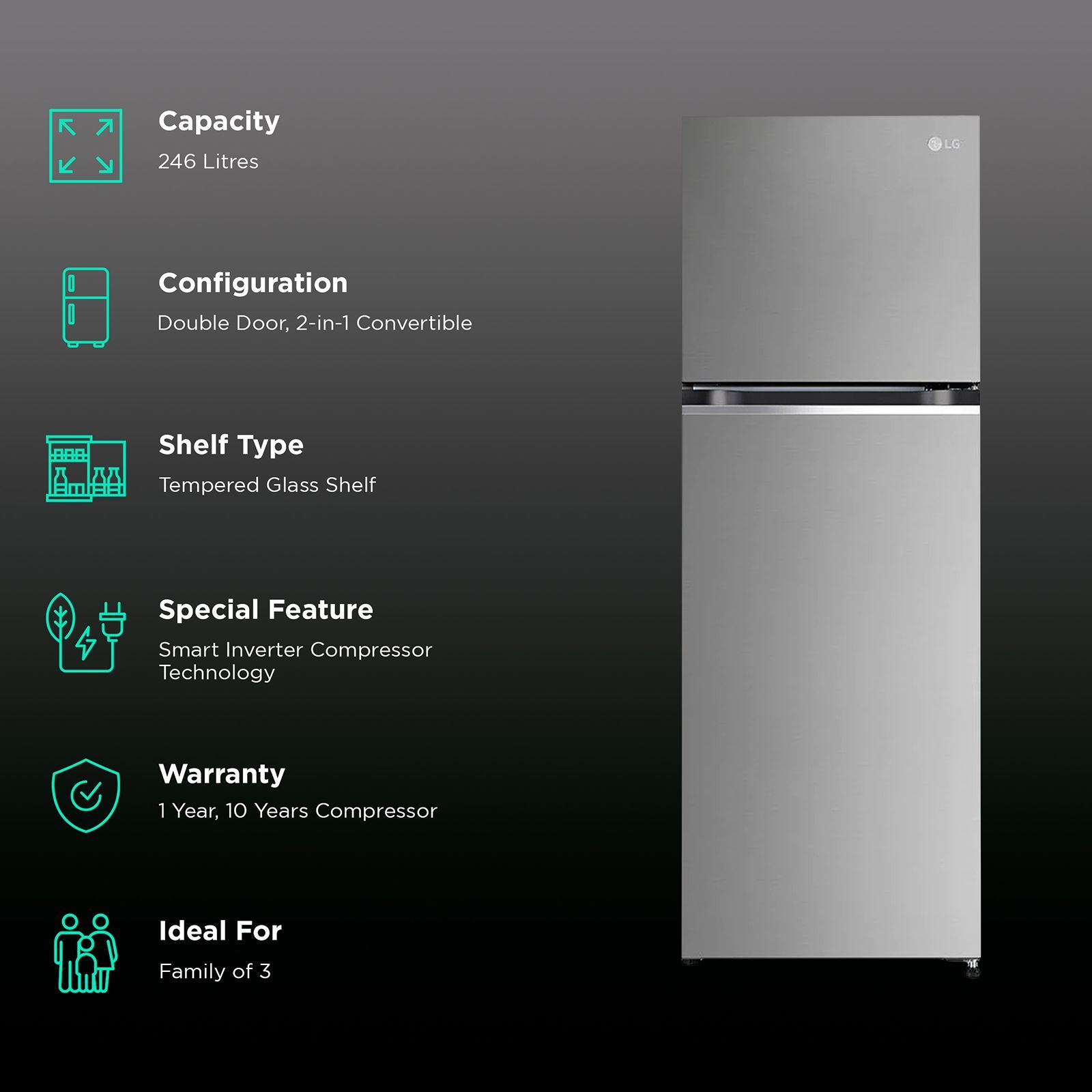 LG 246 Litres 3 Star Frost Free Double Door Convertible Refrigerator with Smart Diagnosis (GL-S262SPZX.DPZZEB, Shiny Steel)_2