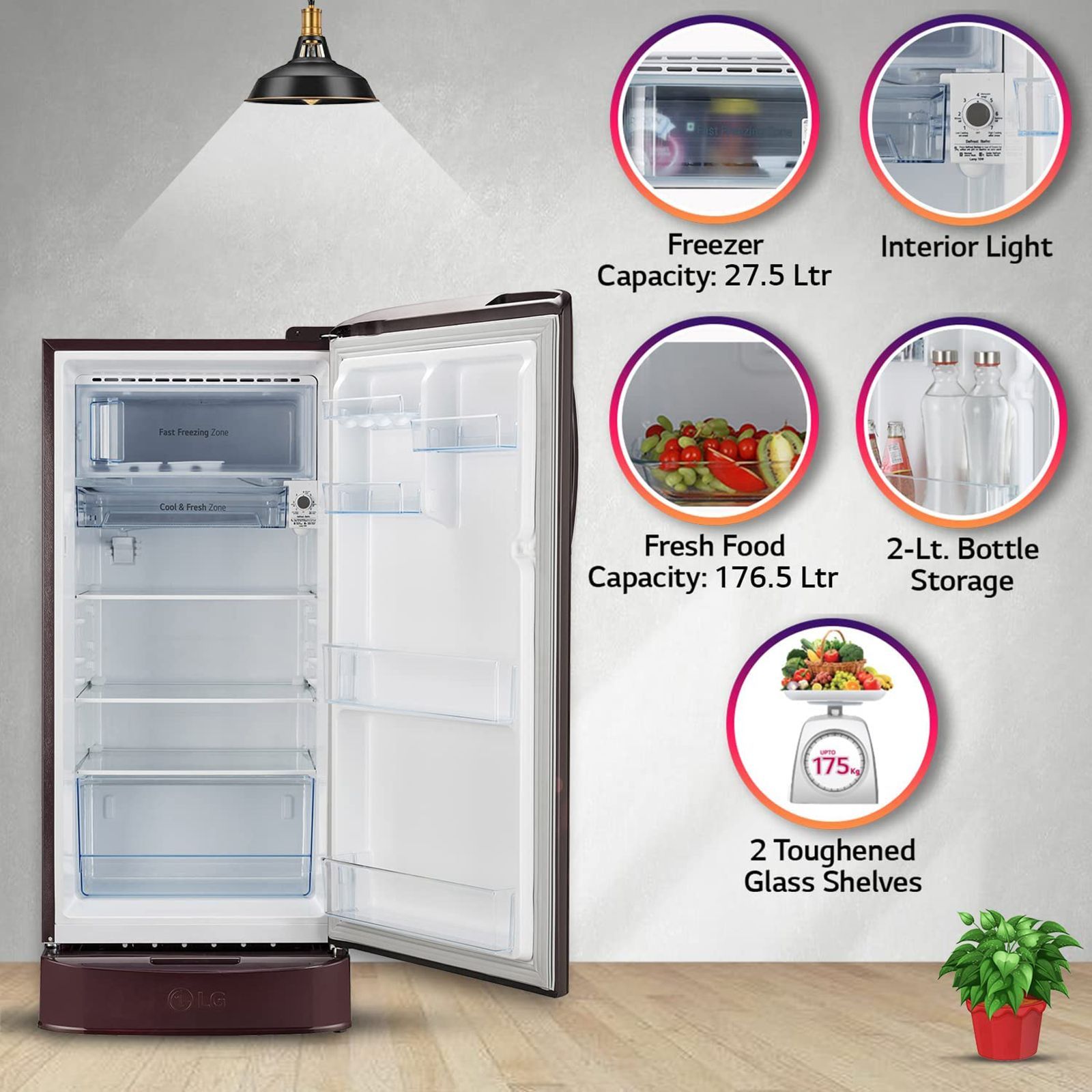 LG 201 Litres 5 Star Direct Cool Single Door Refrigerator with Antibacterial Gasket (GL-D211HSEZ, Scarlet Euphoria) LG 201 Litres 5 Star Direct Cool Single Door Refrigerator with Antibacterial Gasket (GL-D211HSEZ, Scarlet Euphoria)_16