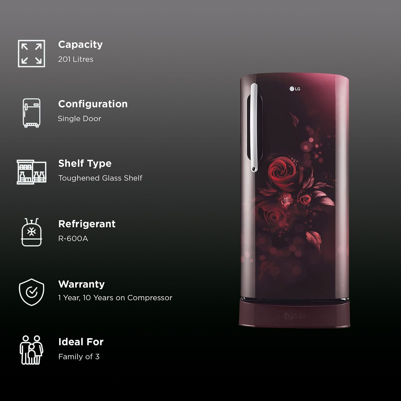 LG 201 Litres 5 Star Direct Cool Single Door Refrigerator with Antibacterial Gasket (GL-D211HSEZ, Scarlet Euphoria)_2