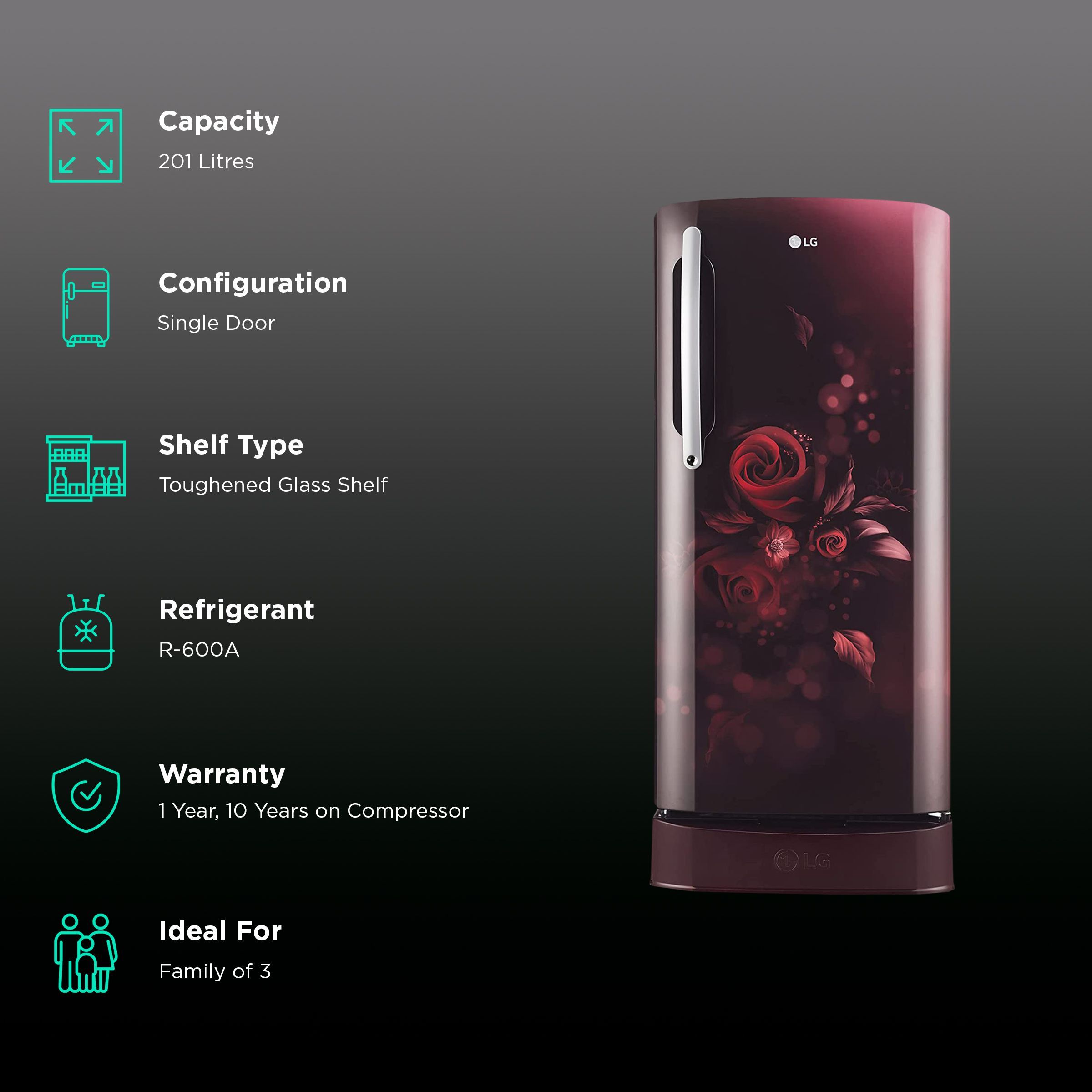 LG 201 Litres 5 Star Direct Cool Single Door Refrigerator with Antibacterial Gasket (GL-D211HSEZ, Scarlet Euphoria) LG 201 Litres 5 Star Direct Cool Single Door Refrigerator with Antibacterial Gasket (GL-D211HSEZ, Scarlet Euphoria)_2