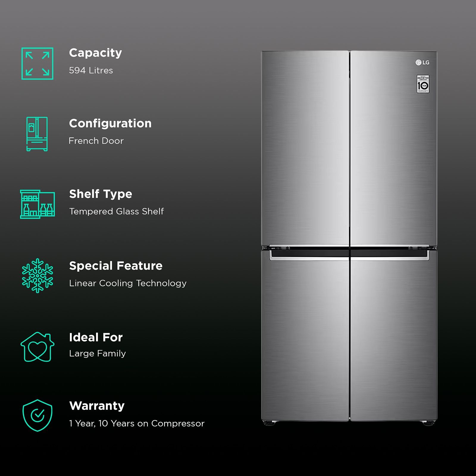 LG 594 Litres French Door Refrigerator with Linear Cooling Technology (GC-B22FTLVB.APZQEB, Shiny Steel)_2