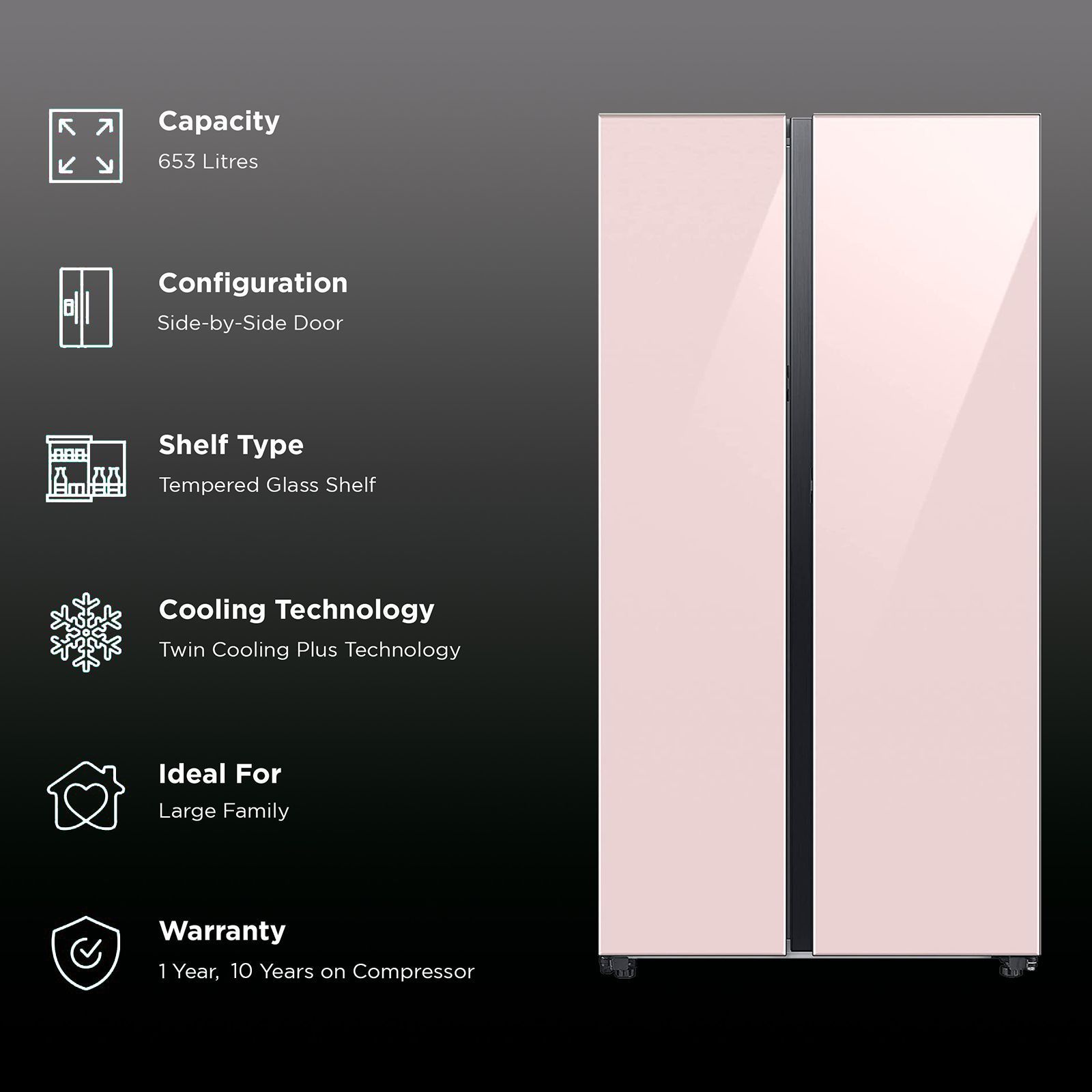 SAMSUNG 653 Litres 3 Star Frost Free Side by Side Door Smart Wi-Fi Enabled Refrigerator with Twin Cooling Plus (RS76CB81A3P0HL, Clean Pink)_2