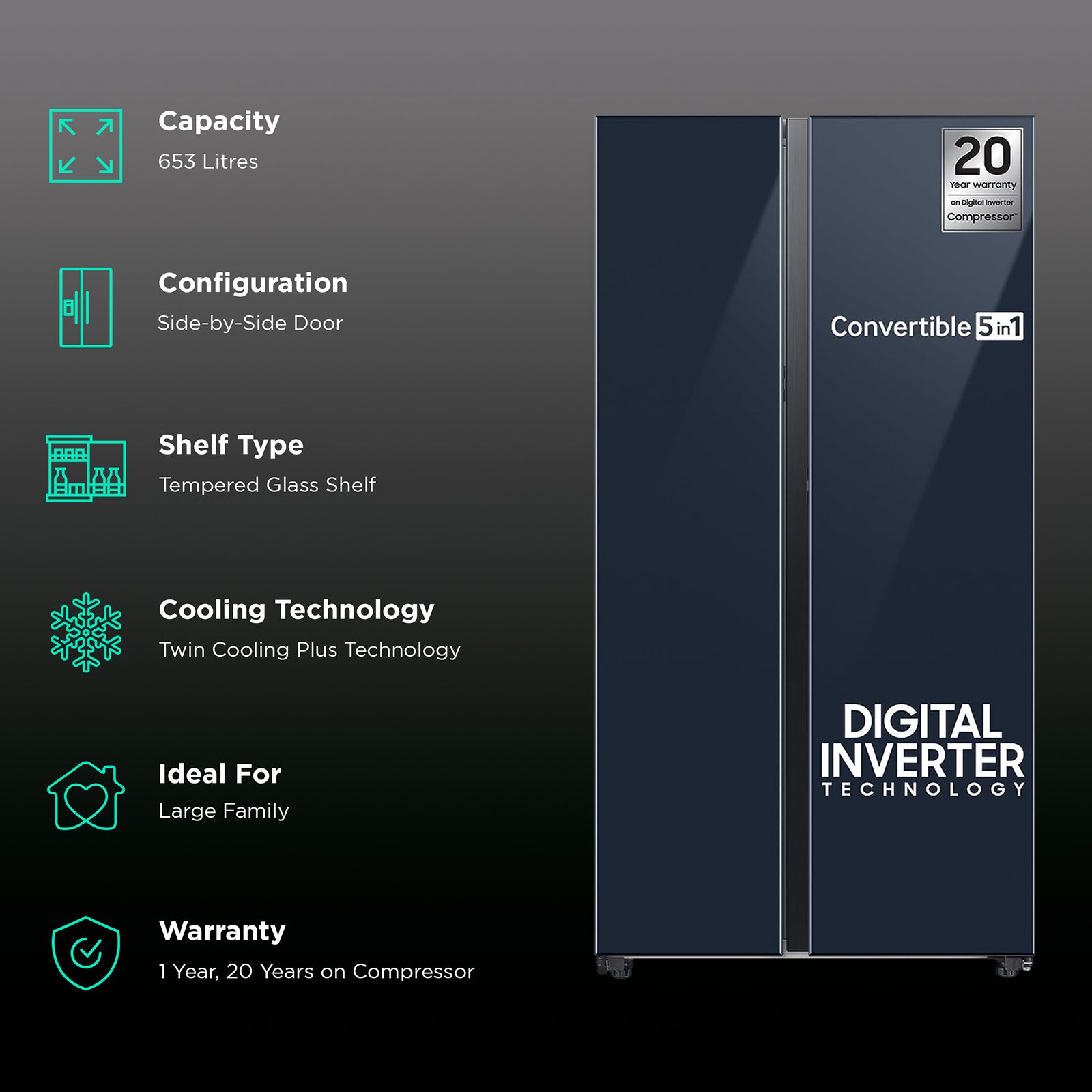 SAMSUNG 653 Litres 3 Star Frost Free Side by Side Door Smart Wi-Fi Enabled Convertible Refrigerator with Twin Cooling Plus (RS76CB81A341HL, Glam Navy)_2