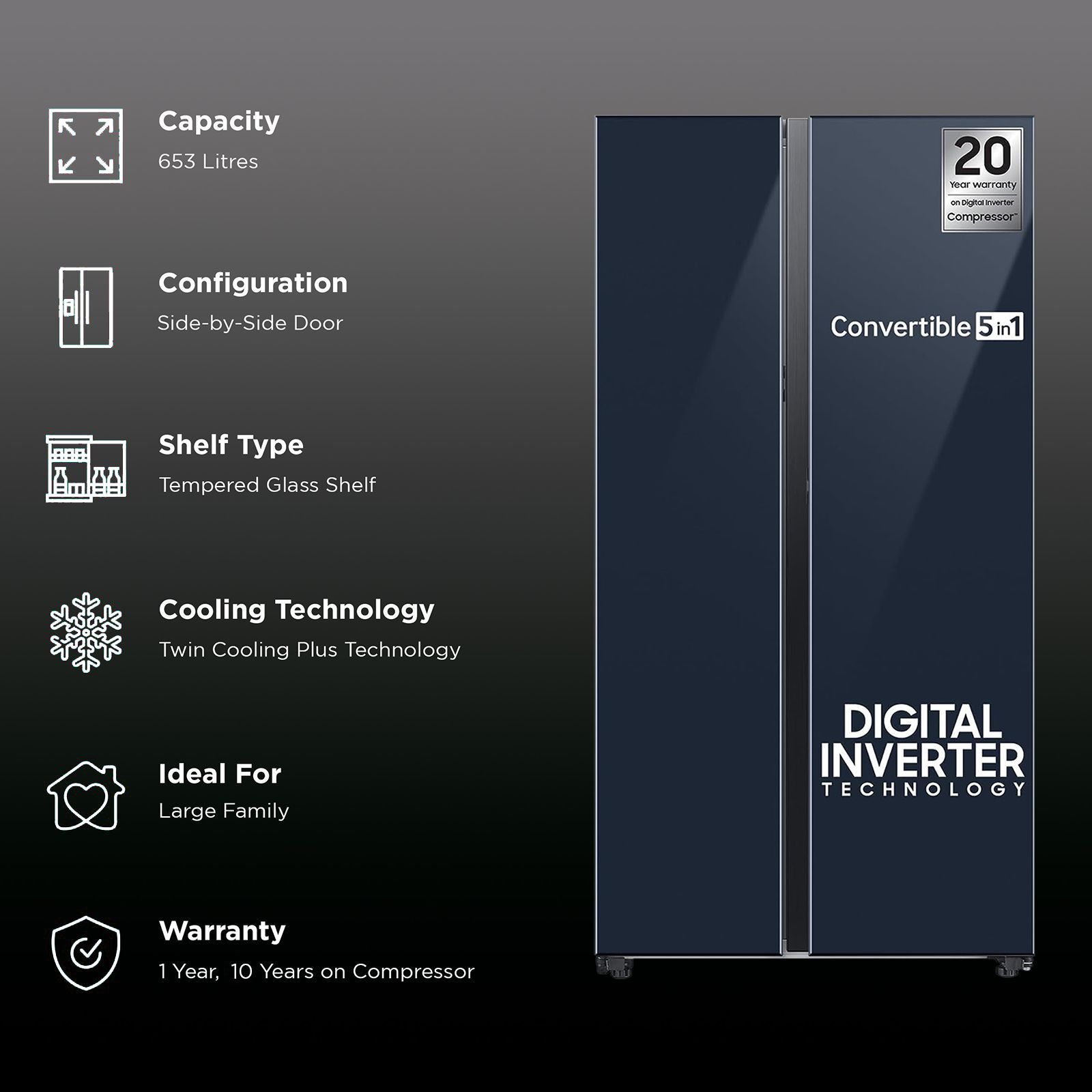 SAMSUNG 653 Litres 3 Star Frost Free Side by Side Door Smart Wi-Fi Enabled Convertible Refrigerator with Twin Cooling Plus (RS76CB81A341HL, Glam Navy)_2