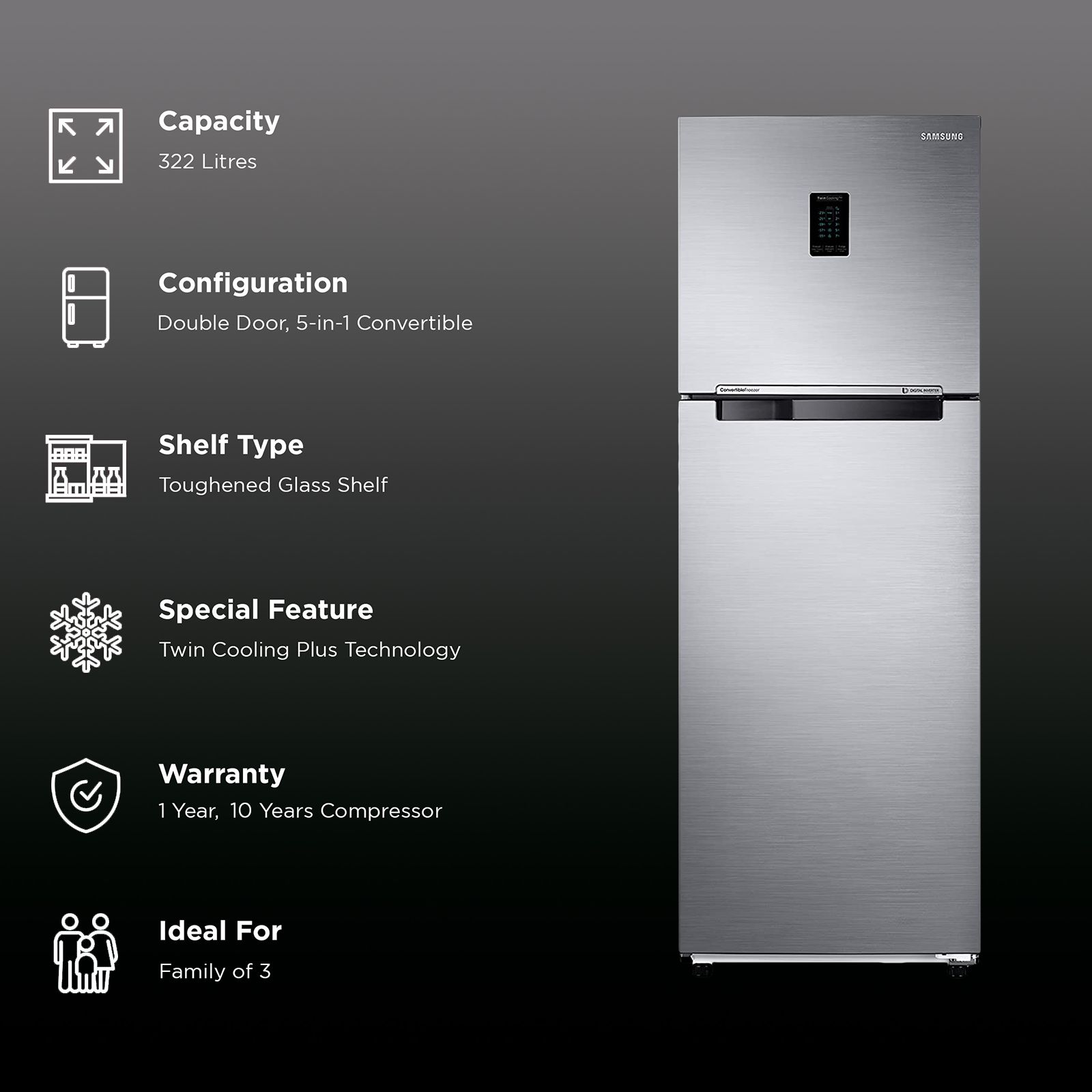 SAMSUNG 322 Litres 2 Star Frost Free Double Door Convertible Refrigerator with Twin Cooling Plus Technology (RT37C4522S8/HL, Elegant Inox)_3
