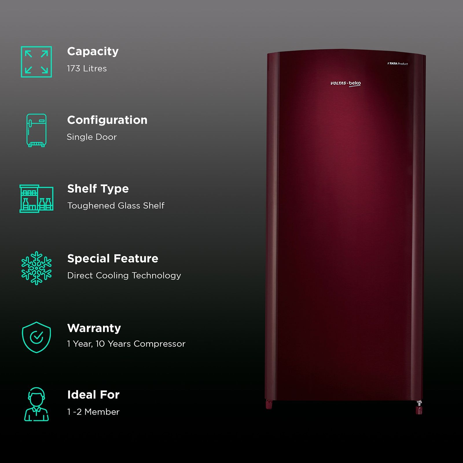 VOLTAS beko 173 Litres 2 Star Direct Cool Single Door Refrigerator with Reciprocating Compressor (RDC205D / S0XWR0M0, Wine) VOLTAS beko 173 Litres 2 Star Direct Cool Single Door Refrigerator with Reciprocating Compressor (RDC205D / S0XWR0M0, Wine)_2
