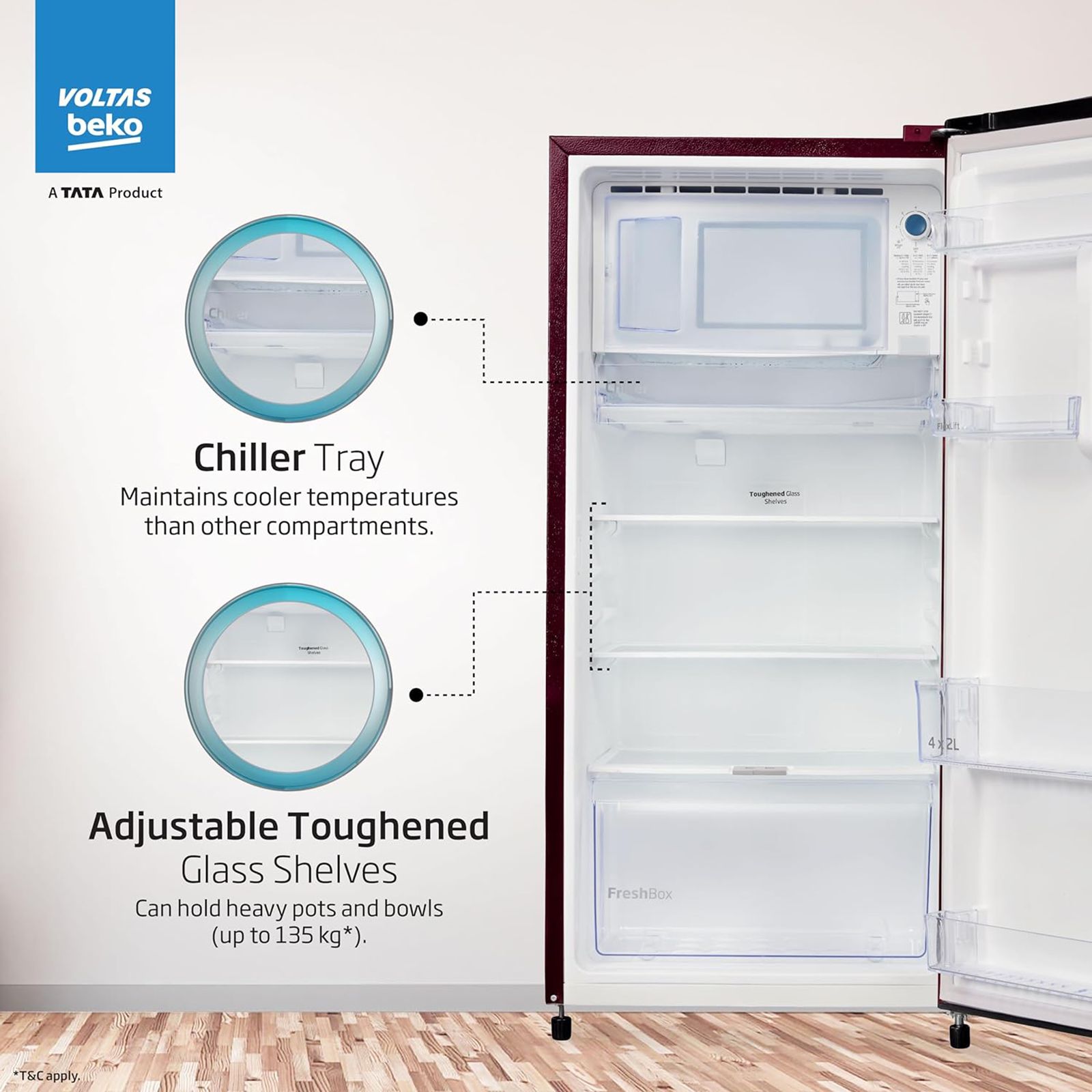 VOLTAS beko 173 Litres 2 Star Direct Cool Single Door Refrigerator with Stabilizer Free Operation (RDC205D / S0PWR0M0, Peony Wine)_13