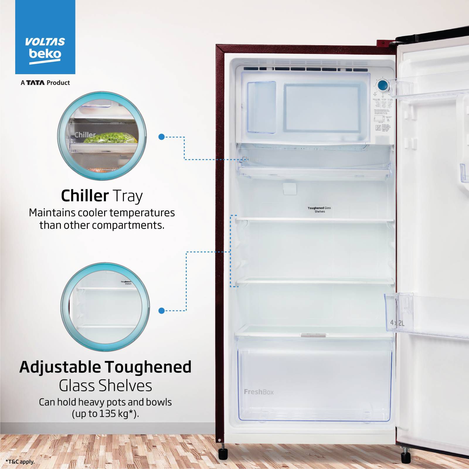 VOLTAS beko 183 Litres 3 Star Direct Cool Single Door Refrigerator with Reciprocating Compressor (RDC215C / S0WFR0M0, Fressia Wine)_12