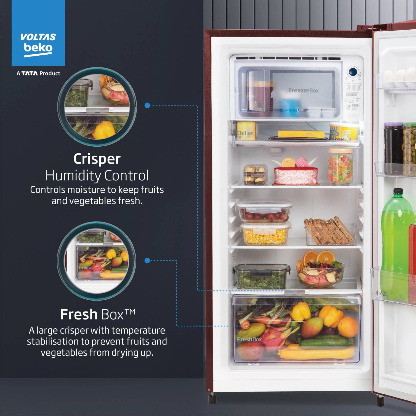 VOLTAS beko 183 Litres 3 Star Direct Cool Single Door Refrigerator with Reciprocating Compressor (RDC215C / S0WFR0M0, Fressia Wine)_15